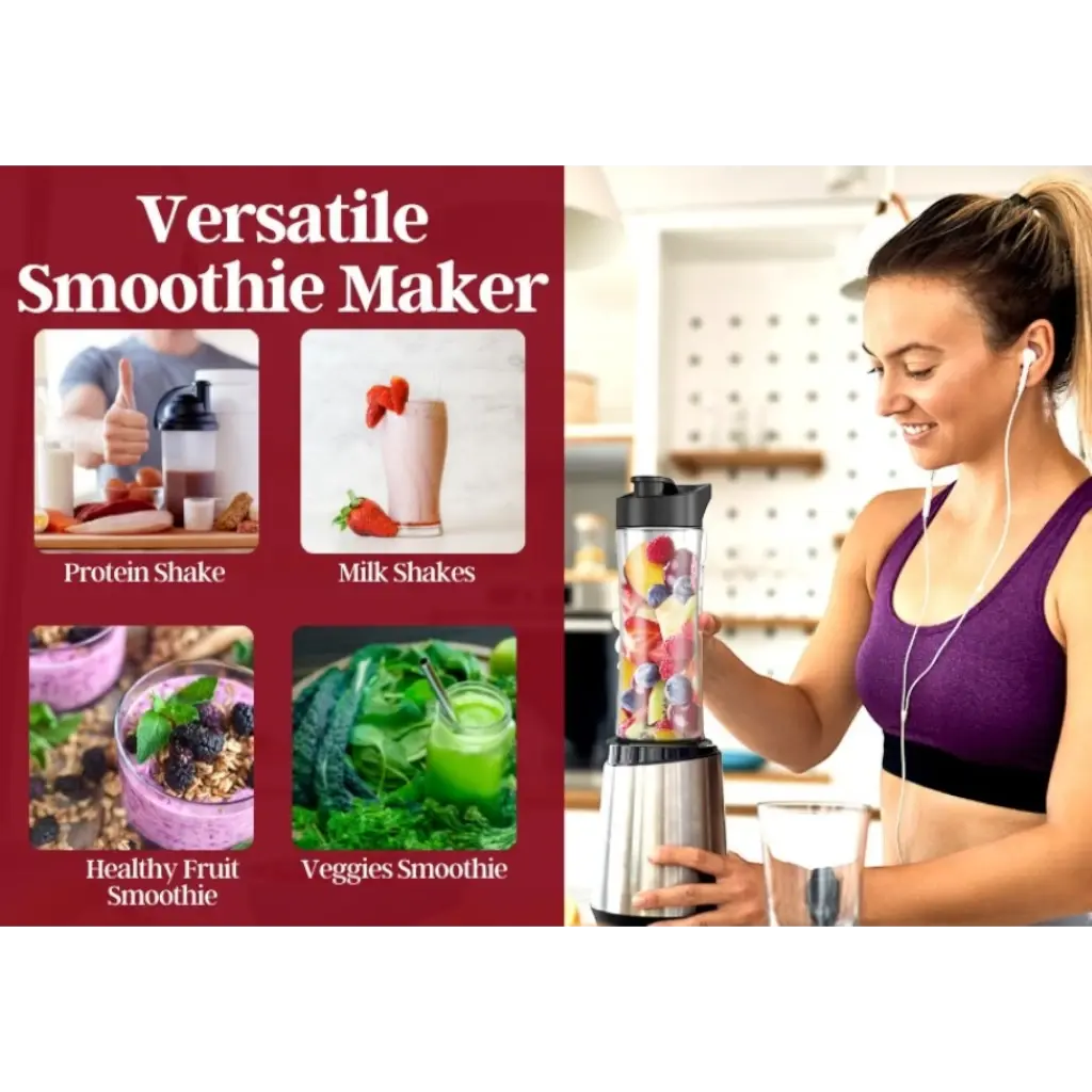 Sonashi Portable Sports Blender – 300W Smoothie Maker with One-Touch Operation, 570ML BPA-Free Travel Bottle, Stainless Steel Blades, Overheat Protection, LED Power Light, SB-184 - Black/Silver - Damoo
