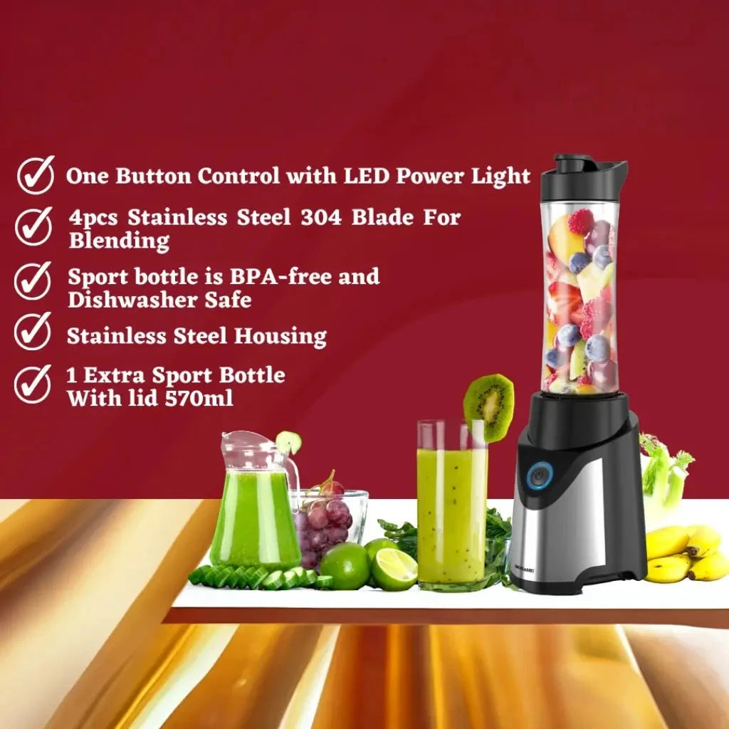 Sonashi Portable Sports Blender – 300W Smoothie Maker with One-Touch Operation, 570ML BPA-Free Travel Bottle, Stainless Steel Blades, Overheat Protection, LED Power Light, SB-184 - Black/Silver - Damoo