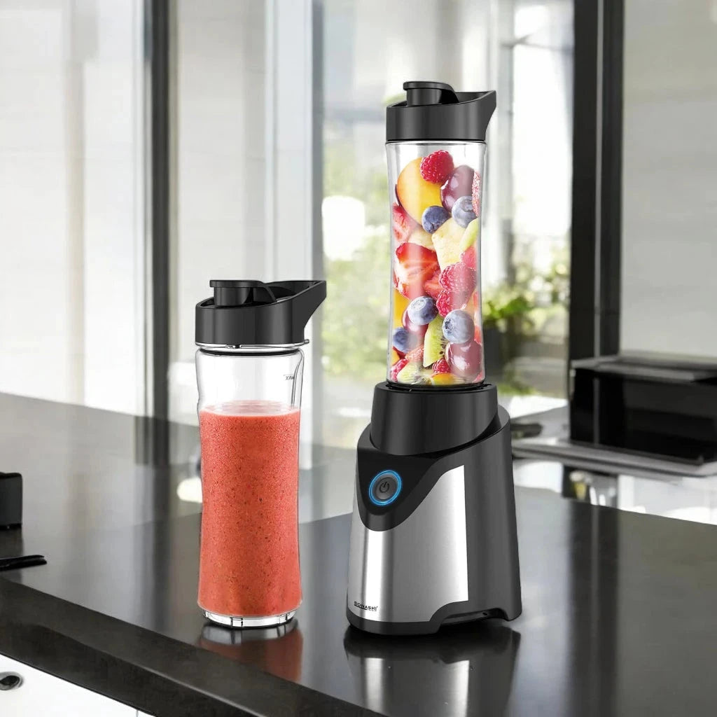 Sonashi Portable Sports Blender – 300W Smoothie Maker with One-Touch Operation, 570ML BPA-Free Travel Bottle, Stainless Steel Blades, Overheat Protection, LED Power Light, SB-184 - Black/Silver - Damoo