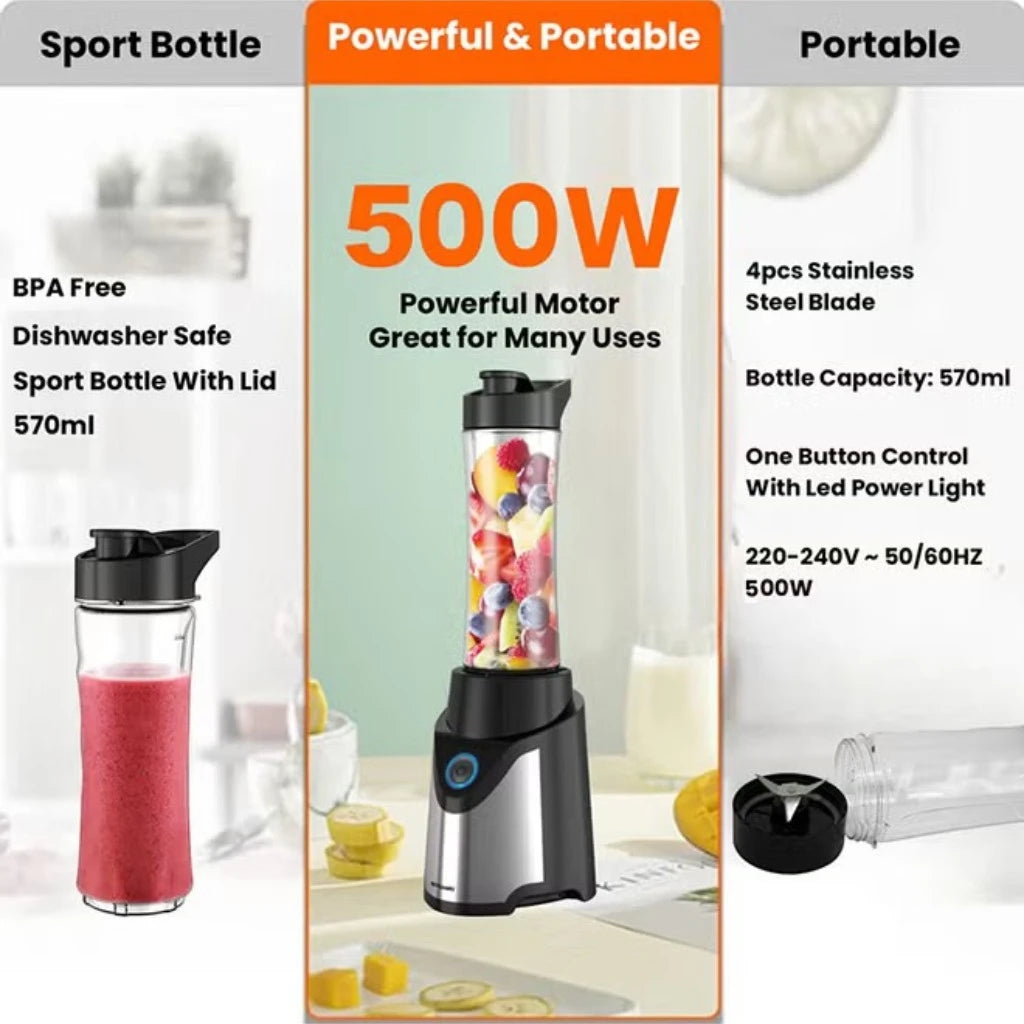 Sonashi Portable Sports Blender – 300W Smoothie Maker with One-Touch Operation, 570ML BPA-Free Travel Bottle, Stainless Steel Blades, Overheat Protection, LED Power Light, SB-184 - Black/Silver - Damoo