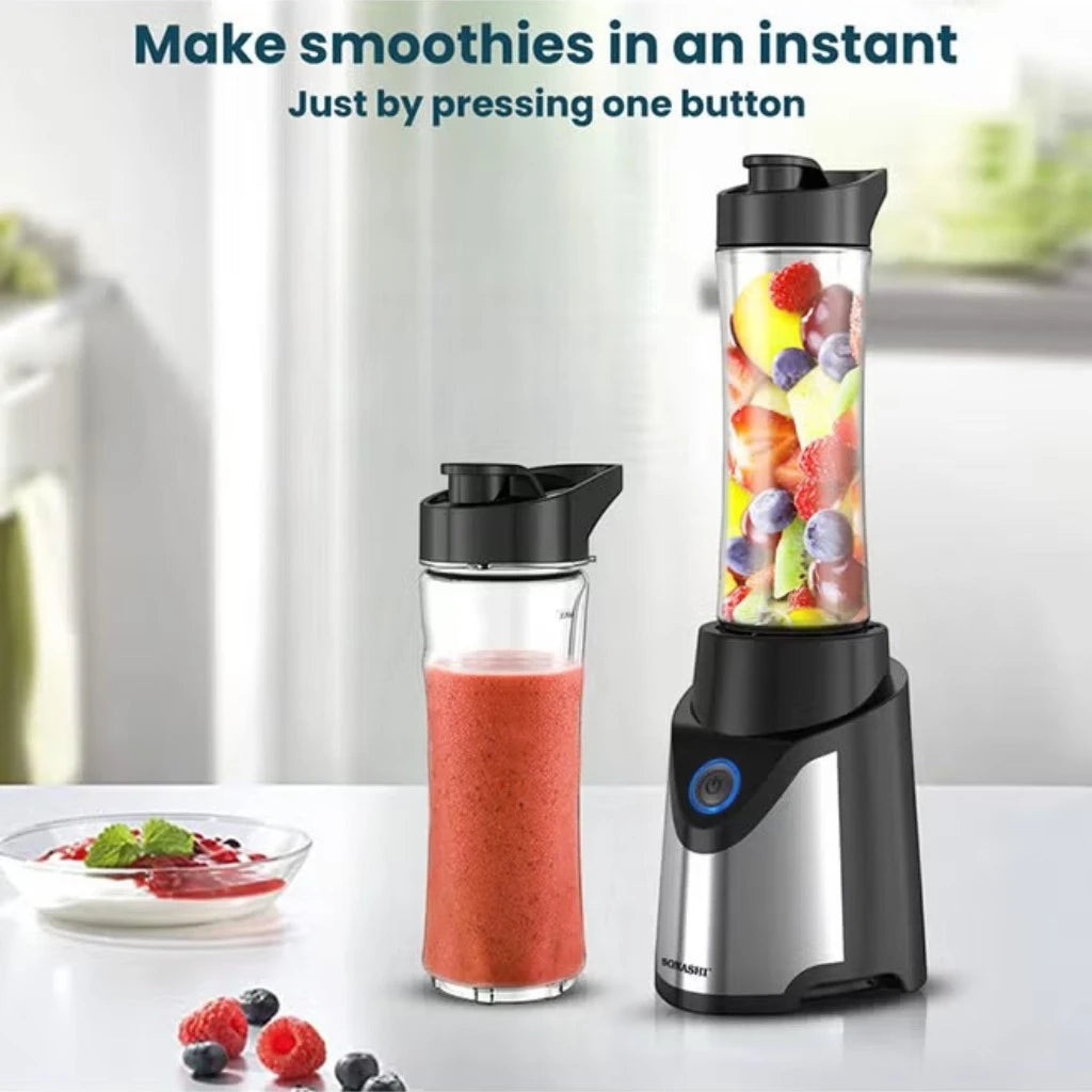 Sonashi Portable Sports Blender – 300W Smoothie Maker with One-Touch Operation, 570ML BPA-Free Travel Bottle, Stainless Steel Blades, Overheat Protection, LED Power Light, SB-184 - Black/Silver - Damoo