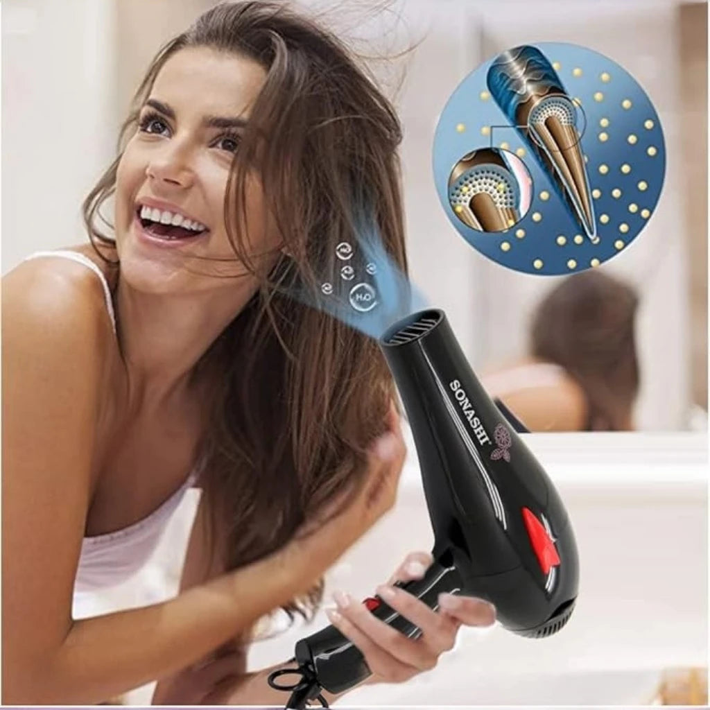 Sonashi Professional Hair Dryer โ 2000W Hot & Cold Wind Dryer with AC Motor, 2 Heat & Speed Settings, Nozzle Attachment, Lightweight Design for All Hair Types โ Black | SHD-3009 - Damoo