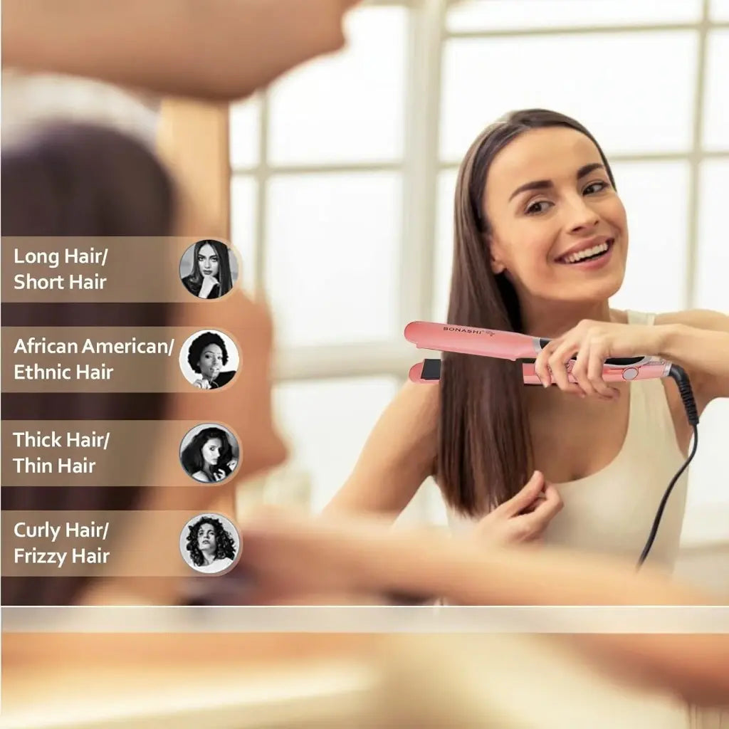 Sonashi Professional Hair Straightener – Ceramic Plates, Digital LED Display, Adjustable Temperature Up to 220°C, PTC Heating, Auto Shut-Off, 360° Swivel Cord – 90W, Rose Gold/Pink - SHS-2084 - Damoo