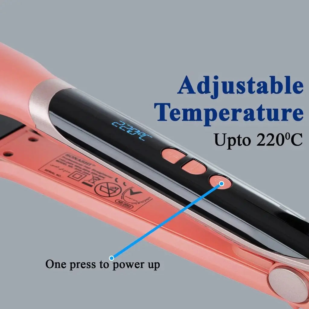Sonashi Professional Hair Straightener – Ceramic Plates, Digital LED Display, Adjustable Temperature Up to 220°C, PTC Heating, Auto Shut-Off, 360° Swivel Cord – 90W, Rose Gold/Pink - SHS-2084 - Damoo