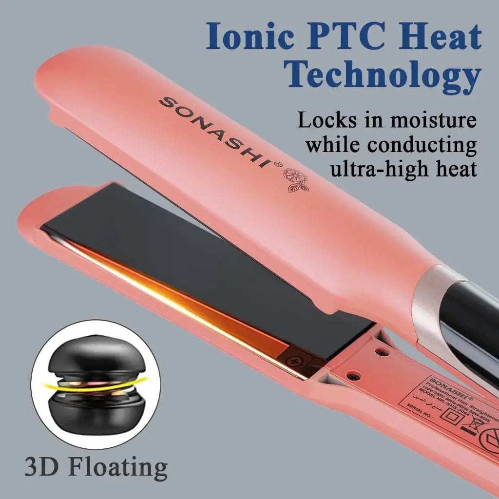 Sonashi Professional Hair Straightener – Ceramic Plates, Digital LED Display, Adjustable Temperature Up to 220°C, PTC Heating, Auto Shut-Off, 360° Swivel Cord – 90W, Rose Gold/Pink - SHS-2084 - Damoo