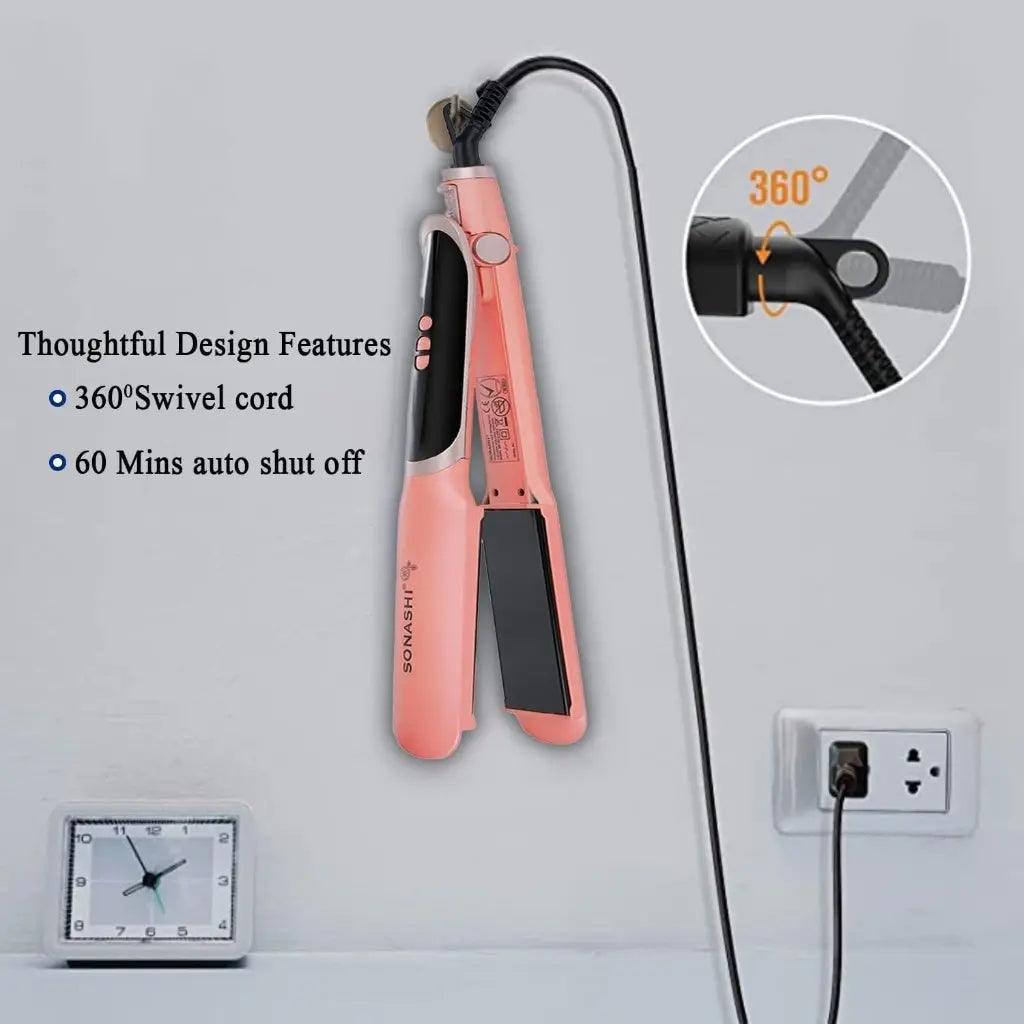 Sonashi Professional Hair Straightener – Ceramic Plates, Digital LED Display, Adjustable Temperature Up to 220°C, PTC Heating, Auto Shut-Off, 360° Swivel Cord – 90W, Rose Gold/Pink - SHS-2084 - Damoo