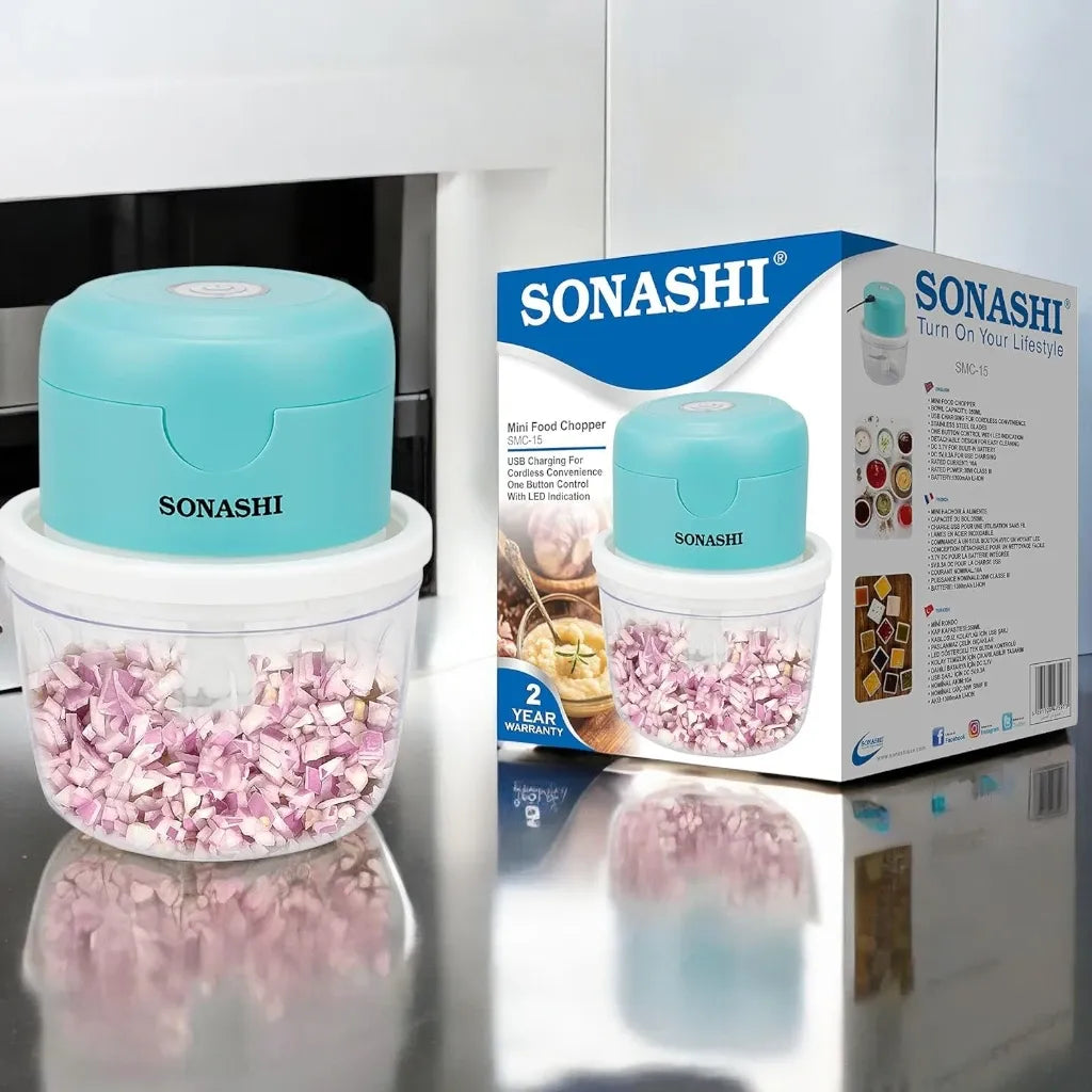 Sonashi Rechargeable Mini Chopper โ 350ml Bowl, USB Charging, LED Indicator, Stainless Steel Blades, One-Touch Control โ Compact & Portable Food Processor for Vegetables, Fruits, Nuts, and More - SMC-15 - Damoo