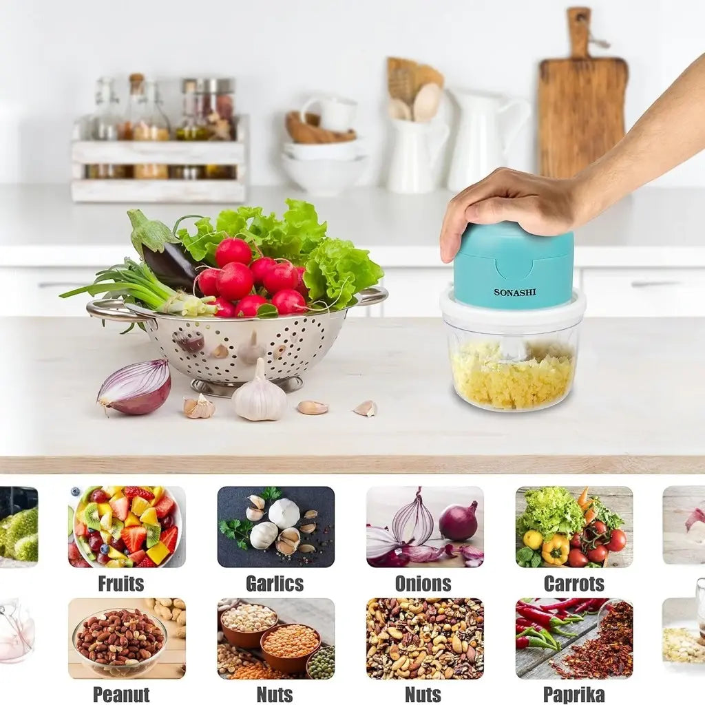 Sonashi Rechargeable Mini Chopper โ 350ml Bowl, USB Charging, LED Indicator, Stainless Steel Blades, One-Touch Control โ Compact & Portable Food Processor for Vegetables, Fruits, Nuts, and More - SMC-15 - Damoo