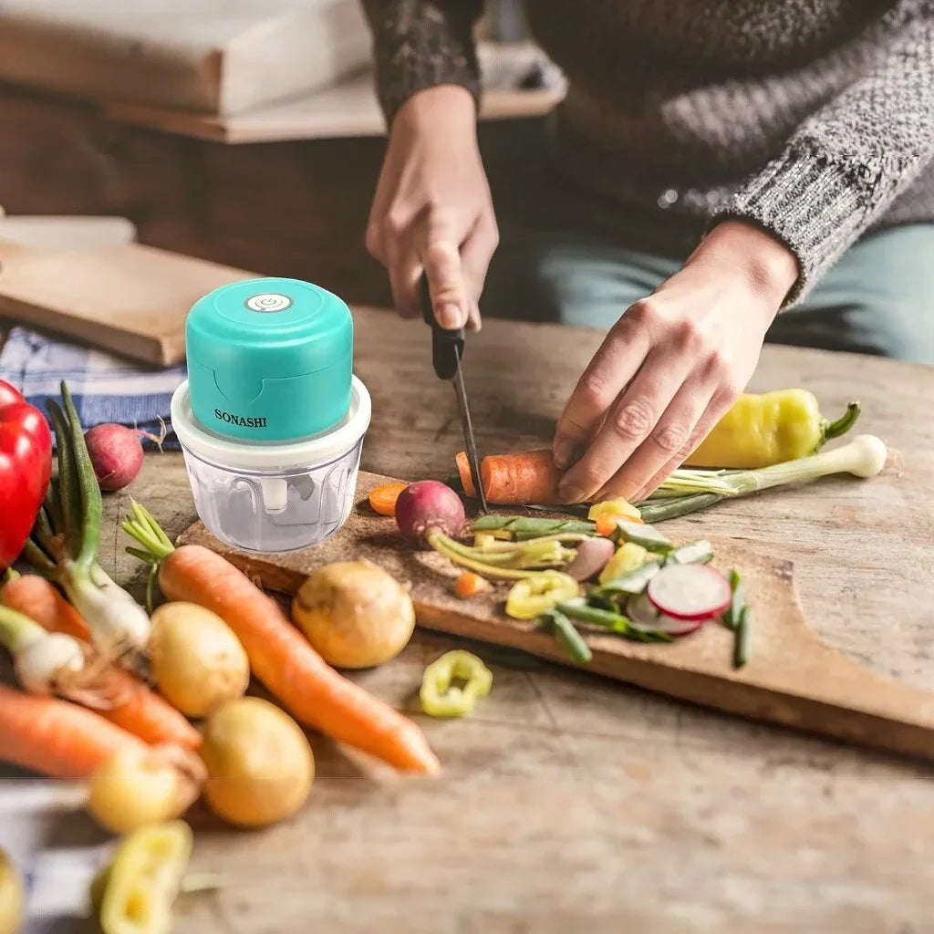 Sonashi Rechargeable Mini Chopper โ 350ml Bowl, USB Charging, LED Indicator, Stainless Steel Blades, One-Touch Control โ Compact & Portable Food Processor for Vegetables, Fruits, Nuts, and More - SMC-15 - Damoo