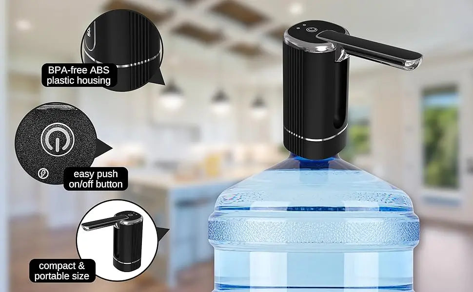 Sonashi Rechargeable Water Dispenser Pump SWP-65 – Foldable One-Touch Design, Food-Grade Silicone Hose, Type-C Charging, LED Indicator | Fits 1-5 Gallon Bottles | Black & Silver - Damoo