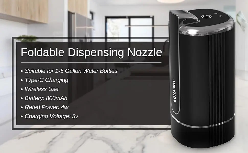 Sonashi Rechargeable Water Dispenser Pump SWP-65 – Foldable One-Touch Design, Food-Grade Silicone Hose, Type-C Charging, LED Indicator | Fits 1-5 Gallon Bottles | Black & Silver - Damoo