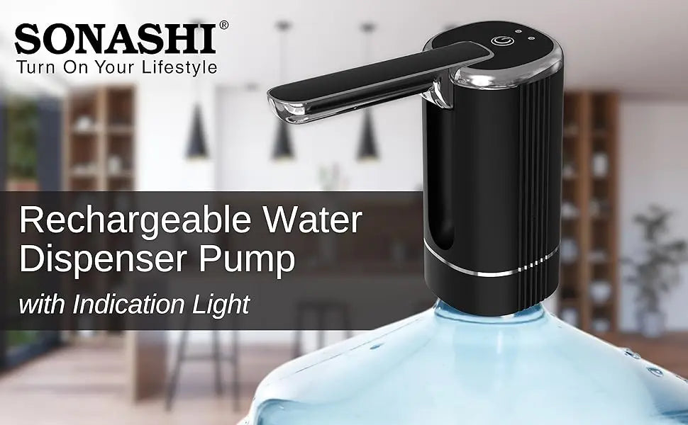 Sonashi Rechargeable Water Dispenser Pump SWP-65 – Foldable One-Touch Design, Food-Grade Silicone Hose, Type-C Charging, LED Indicator | Fits 1-5 Gallon Bottles | Black & Silver - Damoo
