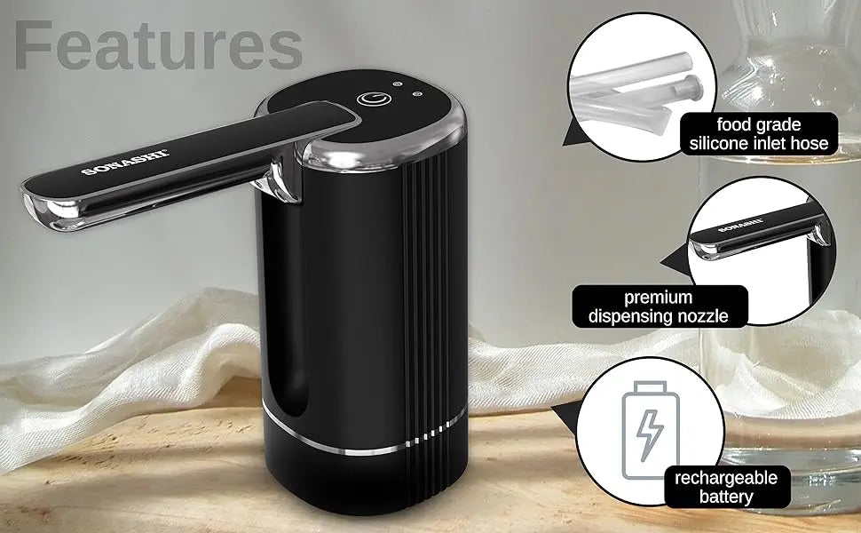 Sonashi Rechargeable Water Dispenser Pump SWP-65 – Foldable One-Touch Design, Food-Grade Silicone Hose, Type-C Charging, LED Indicator | Fits 1-5 Gallon Bottles | Black & Silver - Damoo