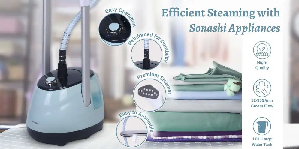 Sonashi SGS-325 Garment Steamer 1800W – Heavy-Duty Fabric Steamer with 1.8L Water Tank, Auto Shut-Off, Overheat Protection, Traditional Ironing Platform & Full Accessories for Home and Professional Use - Damoo