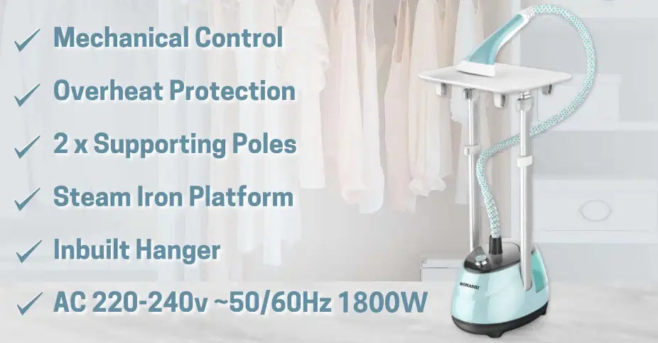 Sonashi SGS-325 Garment Steamer 1800W – Heavy-Duty Fabric Steamer with 1.8L Water Tank, Auto Shut-Off, Overheat Protection, Traditional Ironing Platform & Full Accessories for Home and Professional Use - Damoo