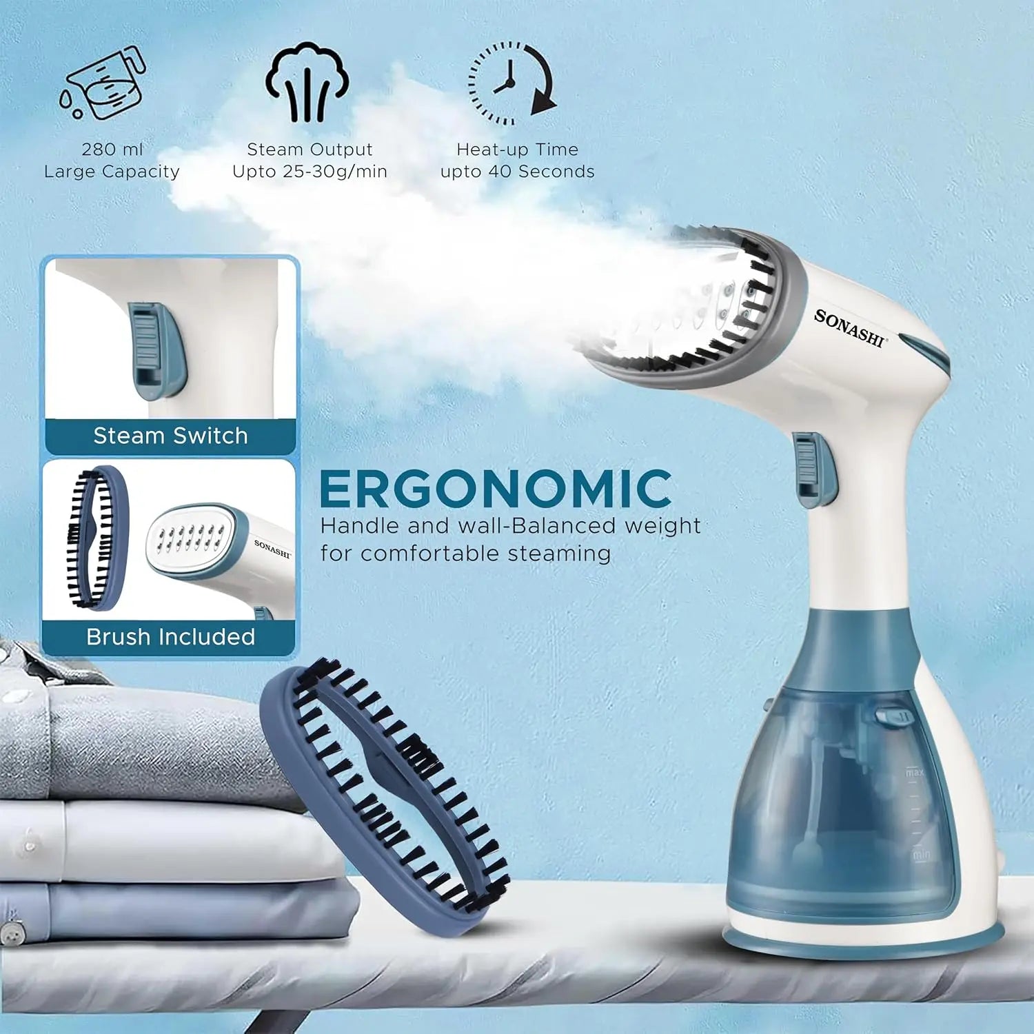 Sonashi SGS-327 Handheld Garment Steamer – 1500W Powerful Clothes Steamer with 280ml Detachable Tank, 25–30g/min Steam Rate & Stainless Steel Panel – Portable Fabric Steamer for Travel and Home - Damoo
