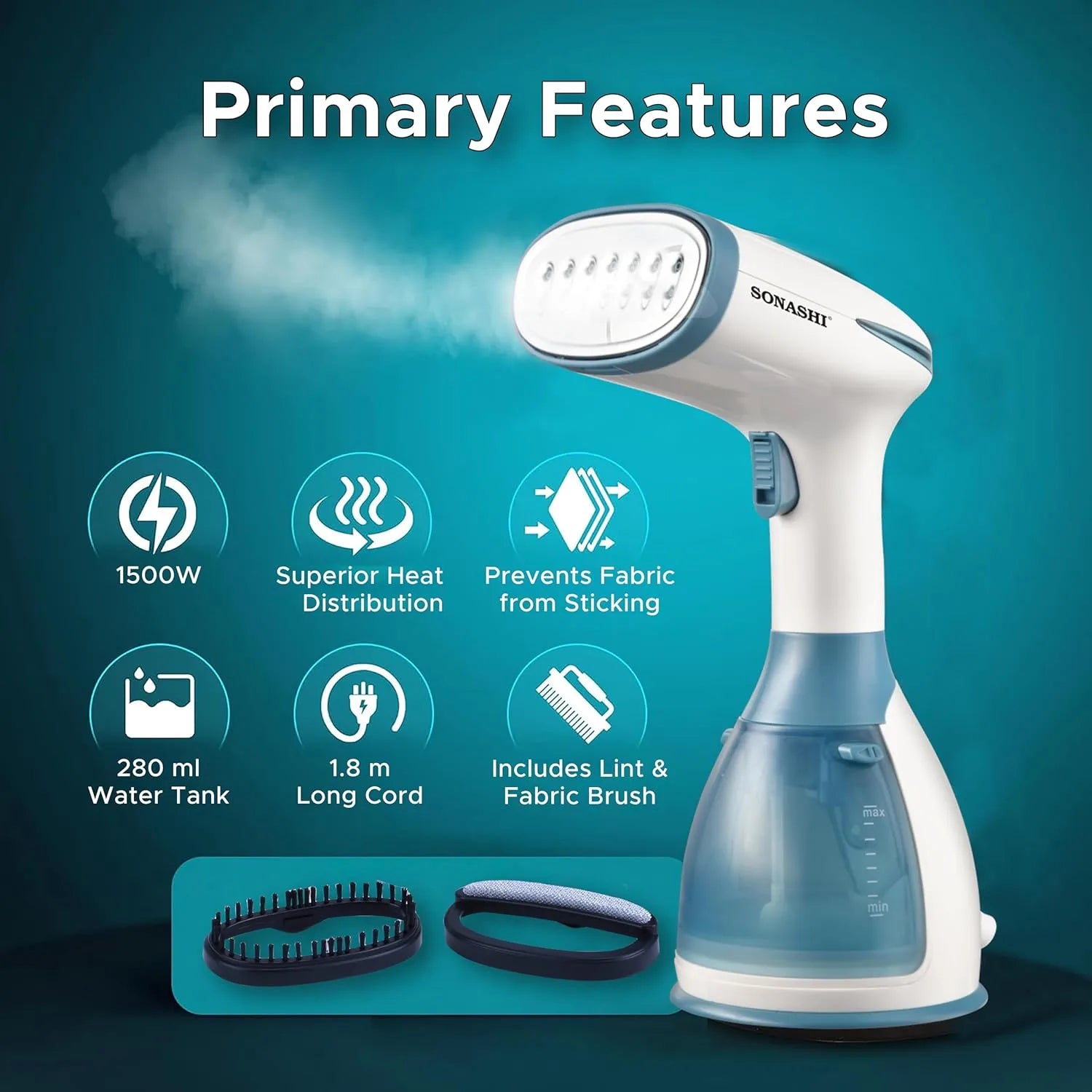 Sonashi SGS-327 Handheld Garment Steamer – 1500W Powerful Clothes Steamer with 280ml Detachable Tank, 25–30g/min Steam Rate & Stainless Steel Panel – Portable Fabric Steamer for Travel and Home - Damoo
