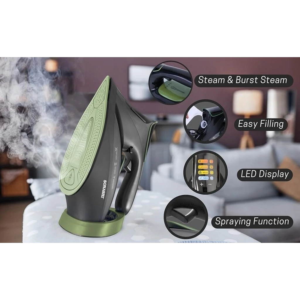 Sonashi Steam Iron with Ceramic Coated Soleplate, 3000W , LED Touch Display, Steam/Burst/Spray/Dry Iron Modes, Self-Clean, Anti-Drip, Anti-Calc & Auto Shut-Off – SI-5088C – Green/Black - Damoo