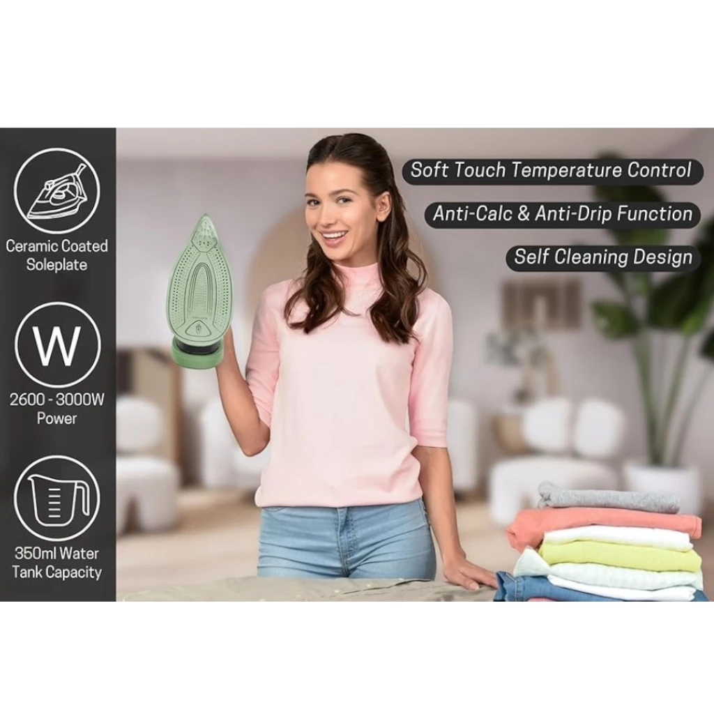 Sonashi Steam Iron with Ceramic Coated Soleplate, 3000W , LED Touch Display, Steam/Burst/Spray/Dry Iron Modes, Self-Clean, Anti-Drip, Anti-Calc & Auto Shut-Off – SI-5088C – Green/Black - Damoo