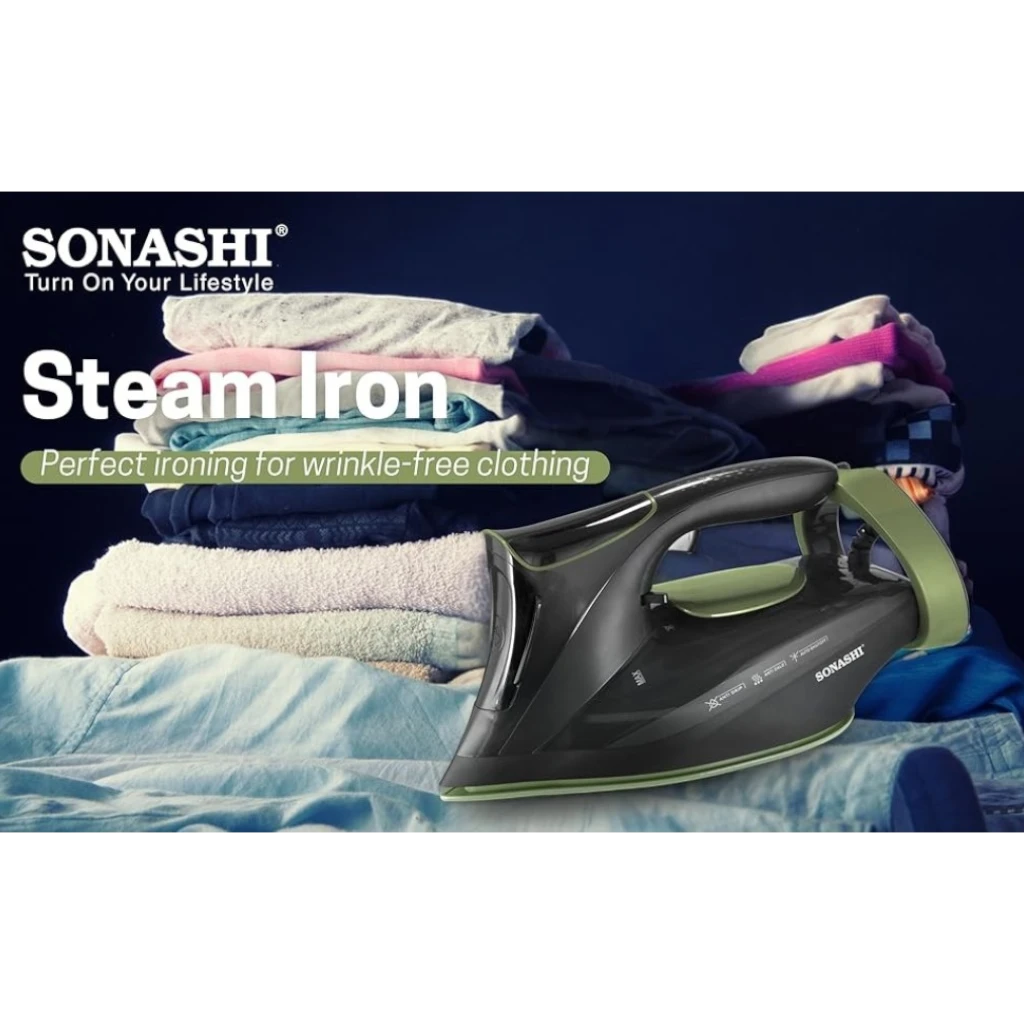 Sonashi Steam Iron with Ceramic Coated Soleplate, 3000W , LED Touch Display, Steam/Burst/Spray/Dry Iron Modes, Self-Clean, Anti-Drip, Anti-Calc & Auto Shut-Off – SI-5088C – Green/Black - Damoo