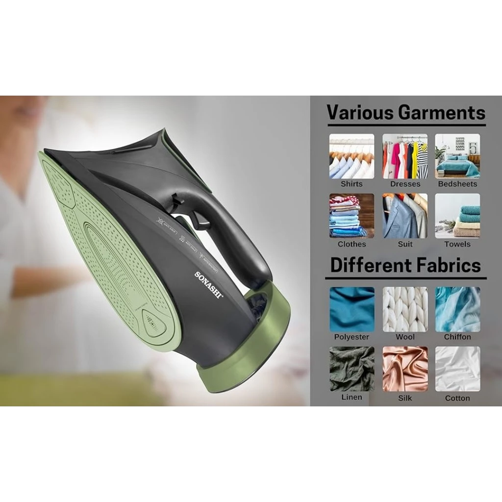 Sonashi Steam Iron with Ceramic Coated Soleplate, 3000W , LED Touch Display, Steam/Burst/Spray/Dry Iron Modes, Self-Clean, Anti-Drip, Anti-Calc & Auto Shut-Off – SI-5088C – Green/Black - Damoo