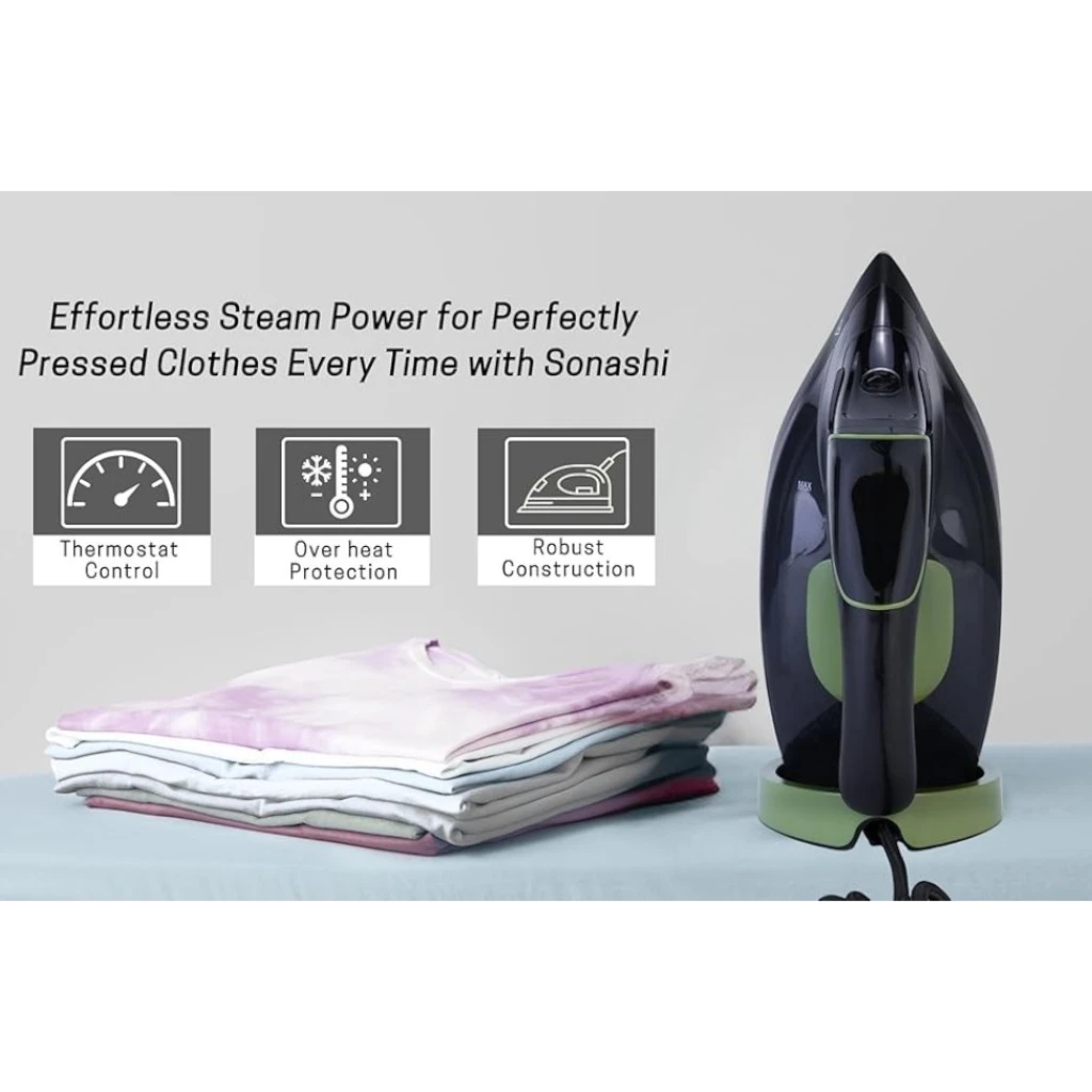 Sonashi Steam Iron with Ceramic Coated Soleplate, 3000W , LED Touch Display, Steam/Burst/Spray/Dry Iron Modes, Self-Clean, Anti-Drip, Anti-Calc & Auto Shut-Off – SI-5088C – Green/Black - Damoo