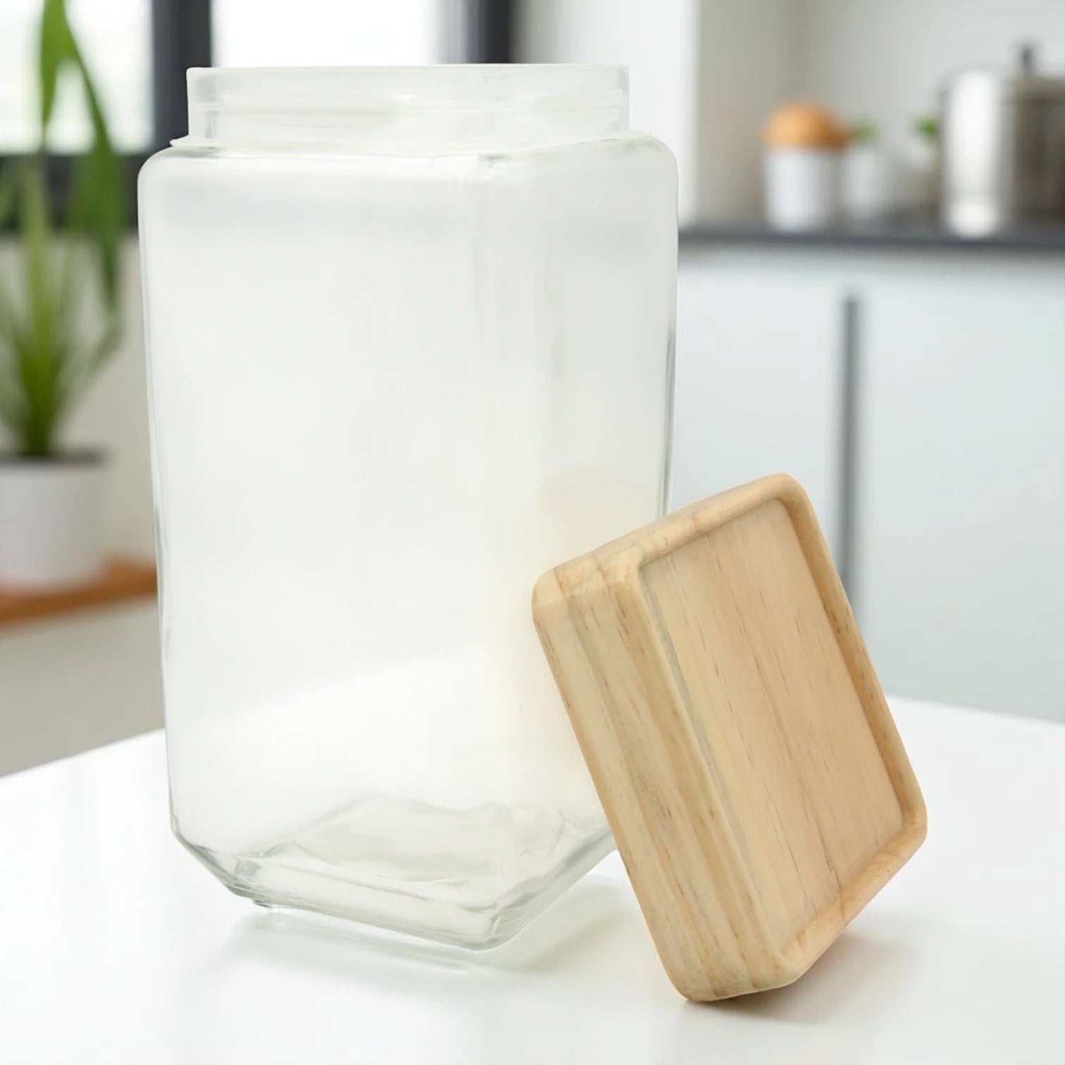 Square Glass Storage Jar with Natural Wooden Lid – Airtight Kitchen Container for Pantry, Herbs, Spices & More - Damoo