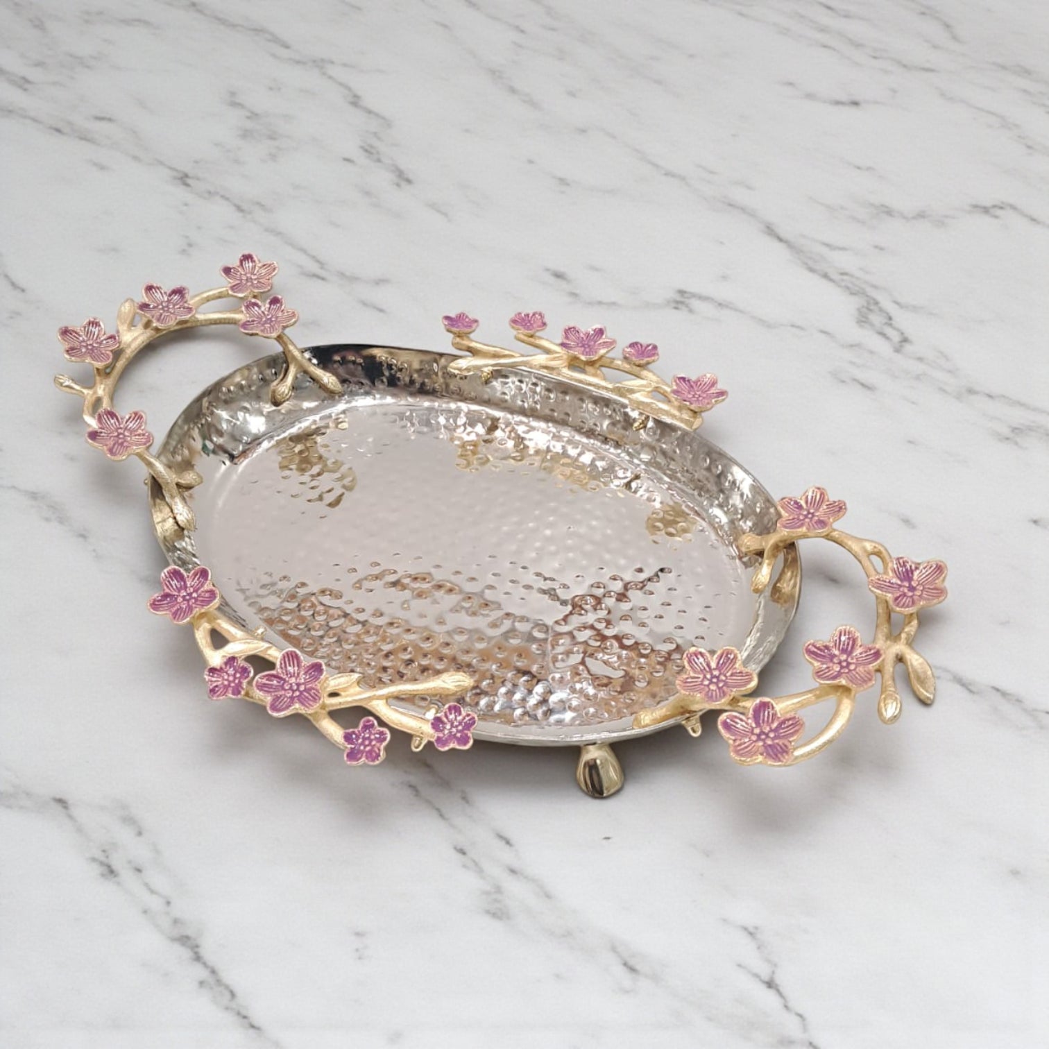 Elongated Hammered Oval Tray with Pink Floral Accents – Stainless Steel & Brass Decorative Serving Platter | Elegant Food-Safe Table Centerpiece - Damoo