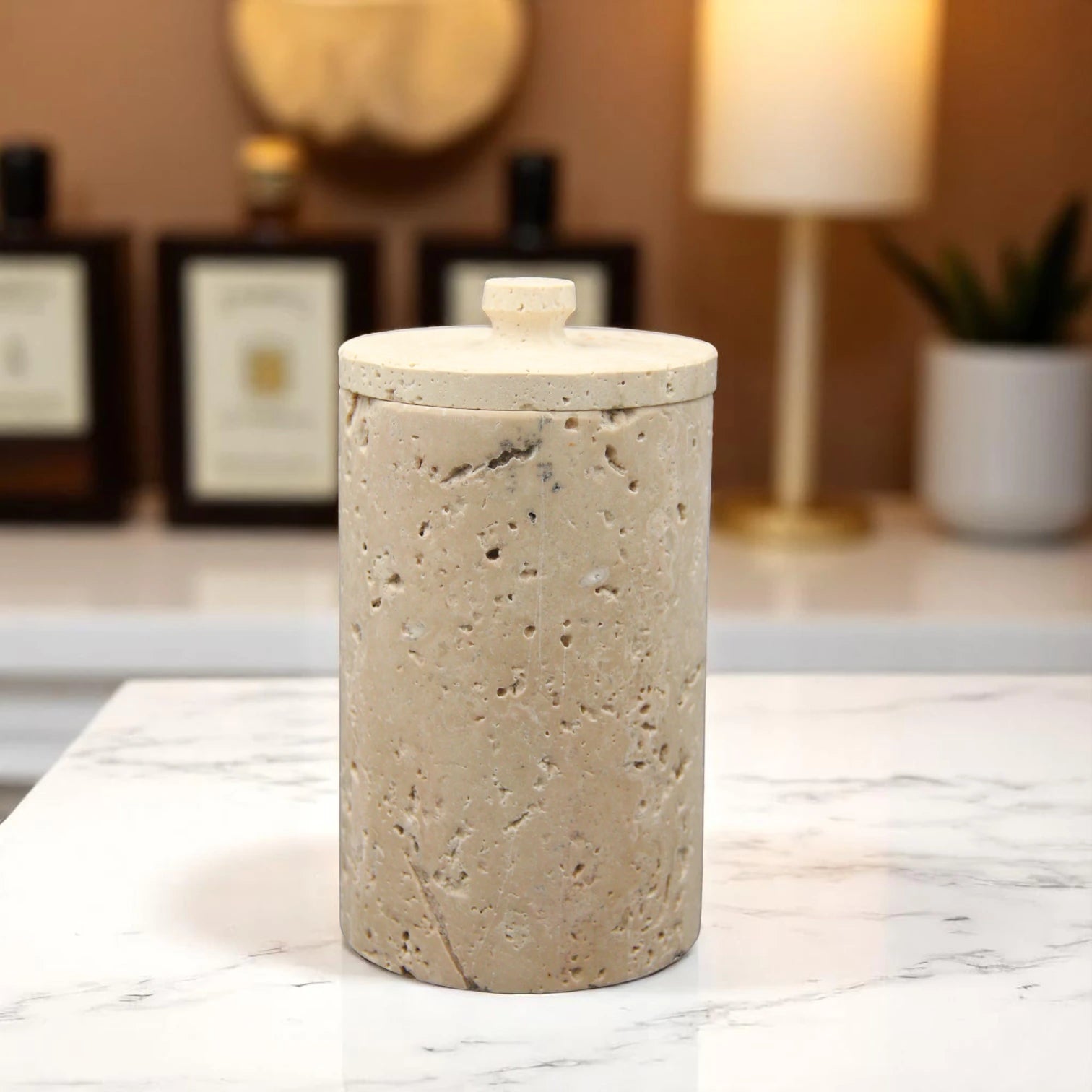 Tall Travertine Storage Canister with Lid – Large-Capacity Natural Stone Dispenser Jar for Bathroom, Kitchen & Vanity Organization - Damoo