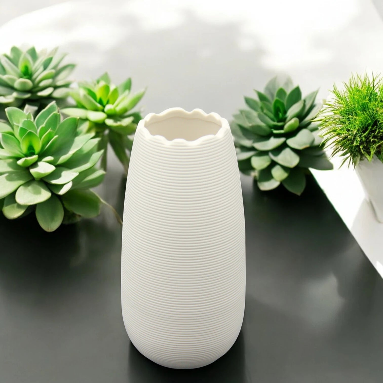 Textured White Ceramic Vase with Wavy Rim – Minimalist Modern Decorative Vase for Flowers, Shelves, and Tabletop Styling - Damoo