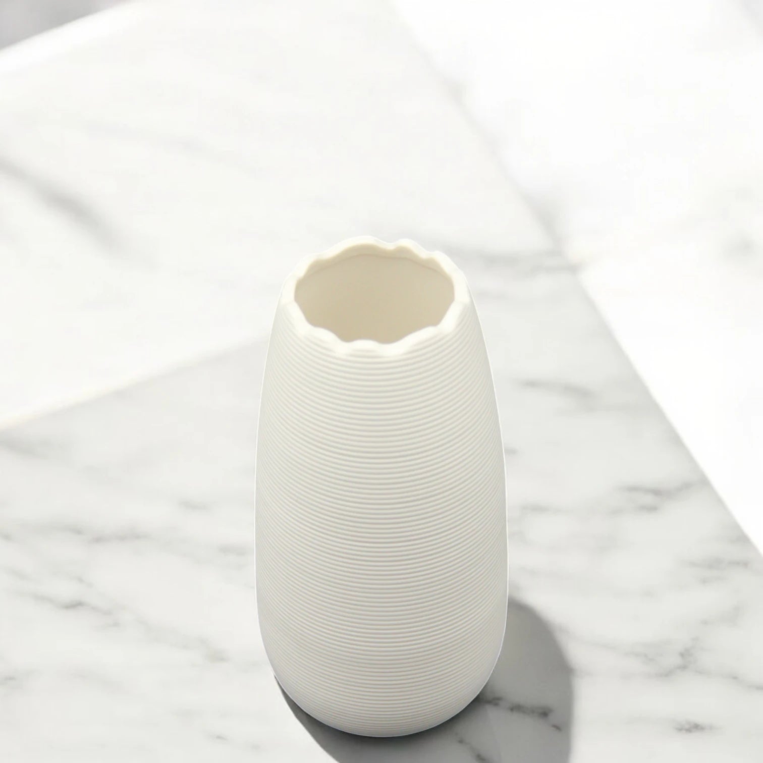 Textured White Ceramic Vase with Wavy Rim – Minimalist Modern Decorative Vase for Flowers, Shelves, and Tabletop Styling - Damoo