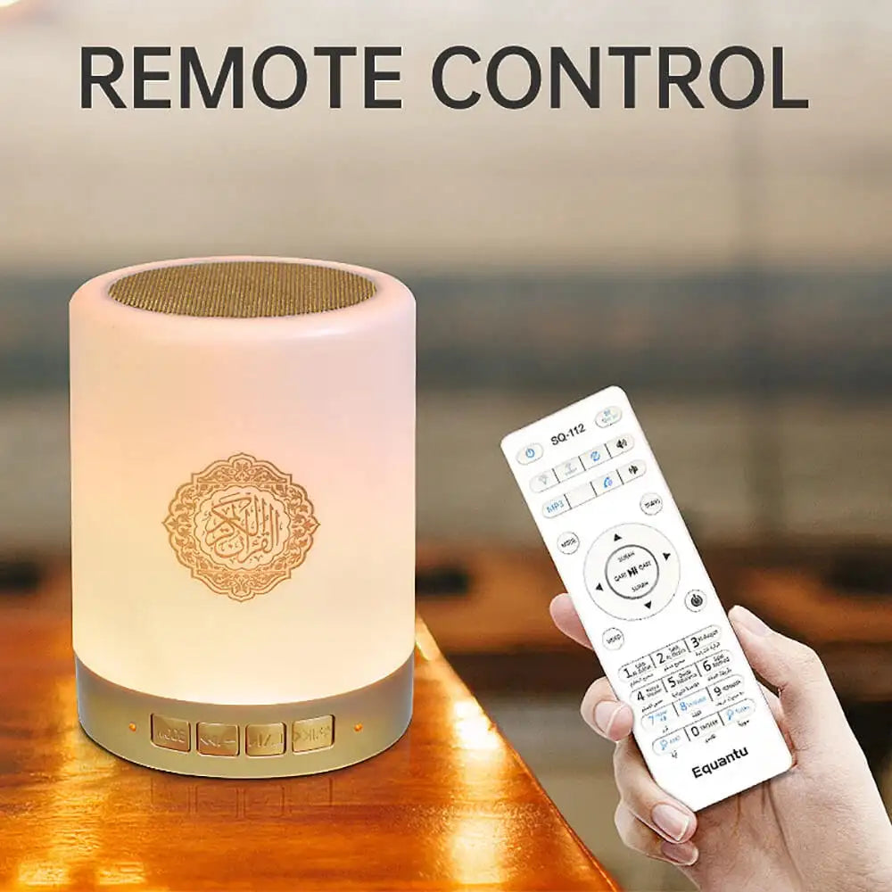 Touch Lamp Quran Speaker with Bluetooth, 8GB Memory, 18 Translations, Remote Control, MP3, FM Radio, Tafseer & HD Sound – Rechargeable LED Islamic Speaker for Kids & Adults - Damoo