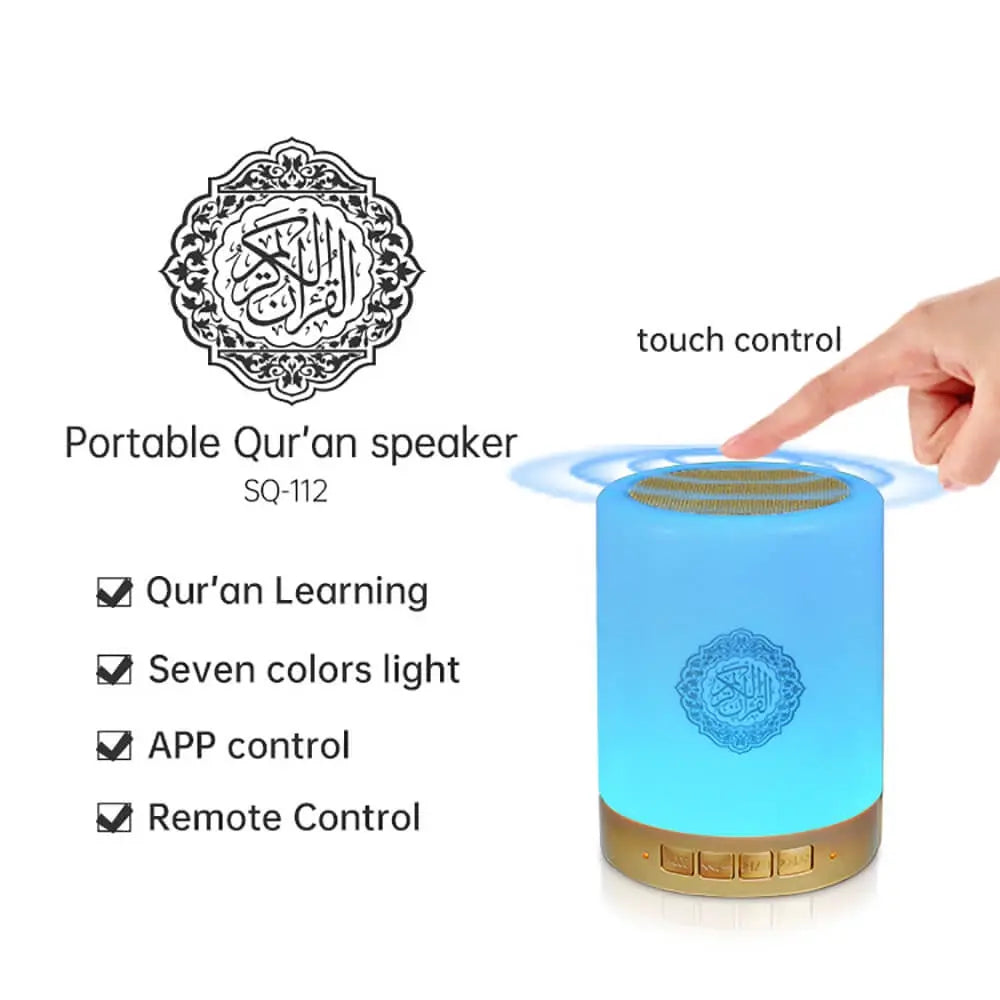 Touch Lamp Quran Speaker with Bluetooth, 8GB Memory, 18 Translations, Remote Control, MP3, FM Radio, Tafseer & HD Sound – Rechargeable LED Islamic Speaker for Kids & Adults - Damoo