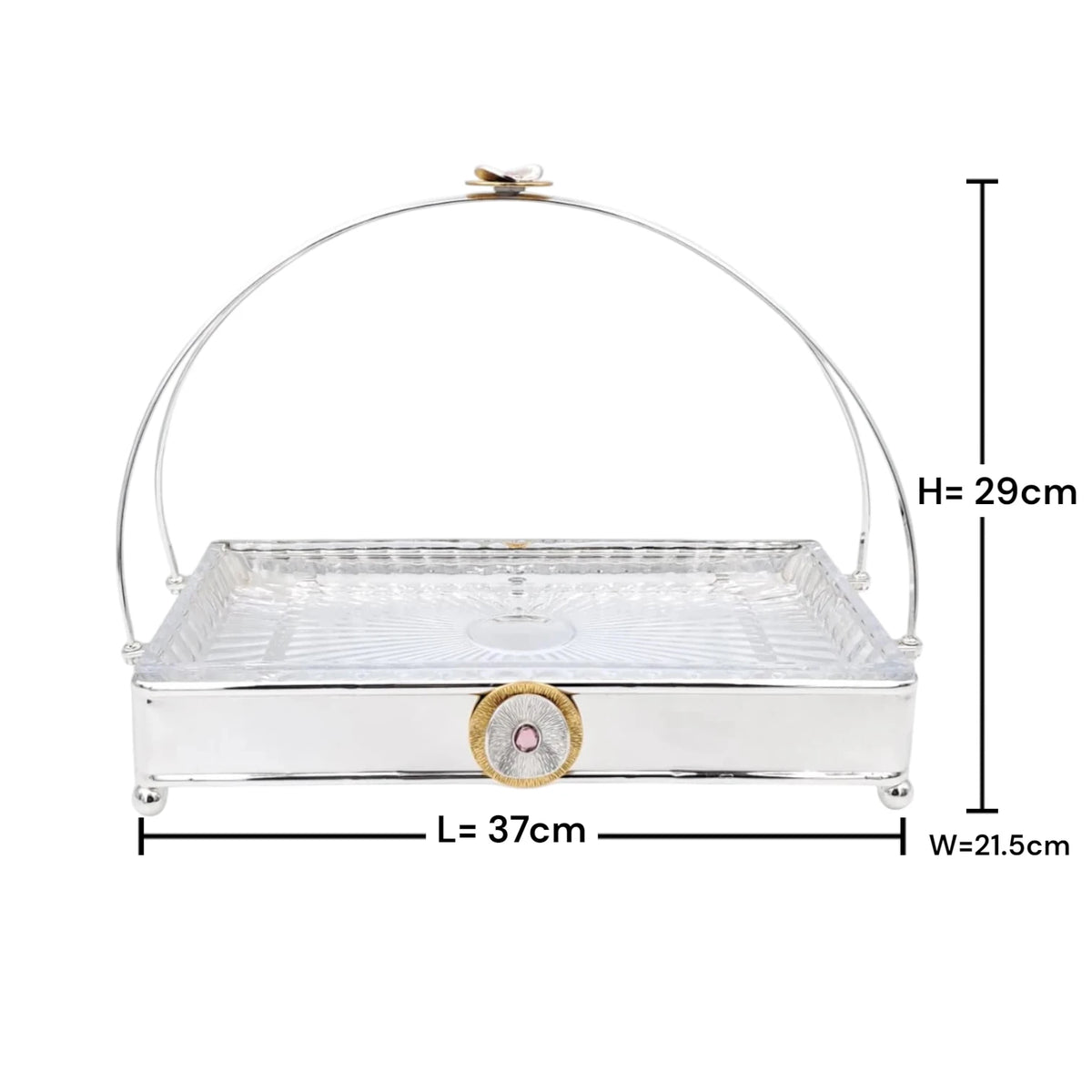 MAY FLOWER Premium Rectangular Serving Tray with Glass Plate Insert and Arch Handle Decorative Food Serving Stand (29H x 37L x 21.5W CM) - Damoo