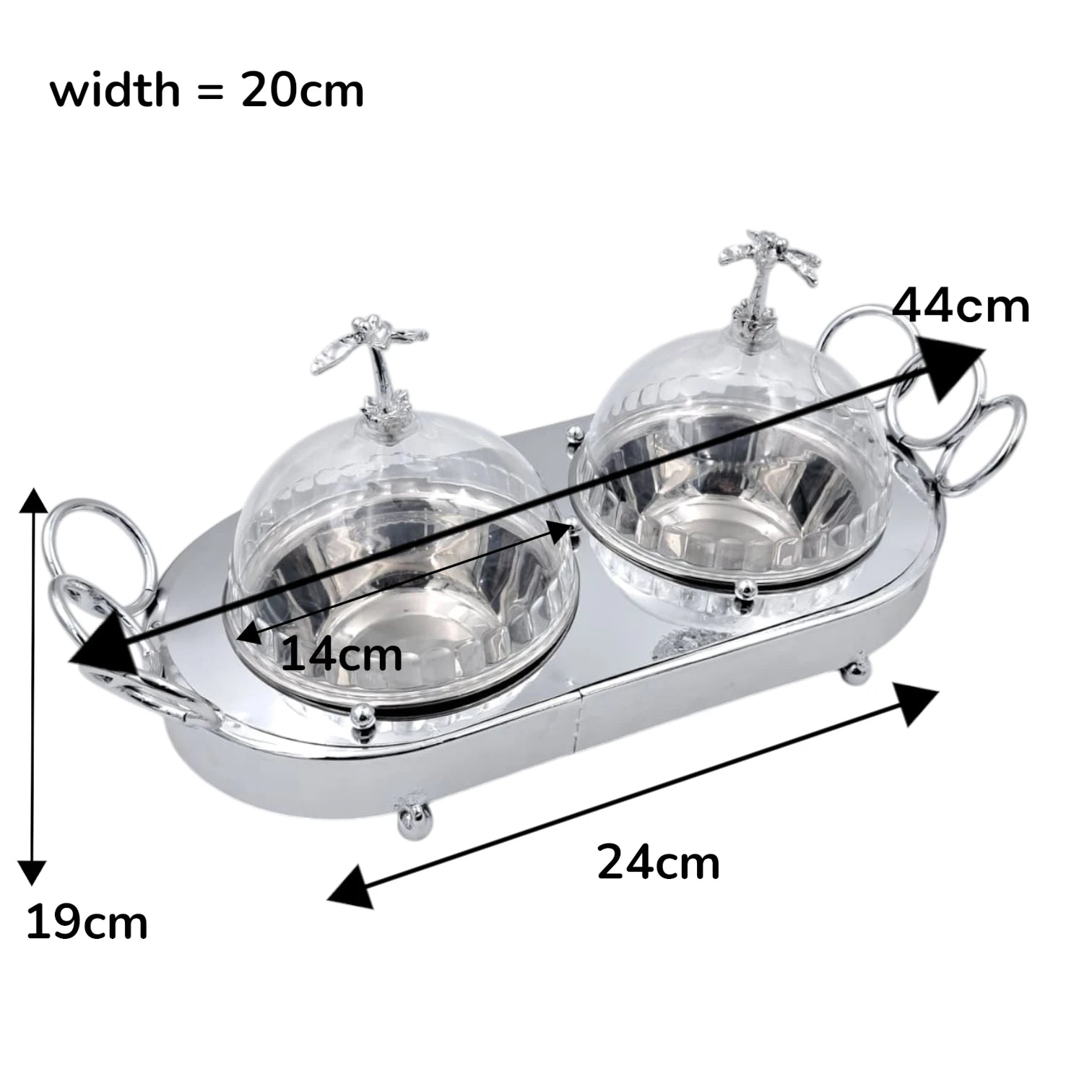 Double Dome Palm Tree Serving Tray – Silver Metal Base with Clear Acrylic Lids | Elegant Dual Dish Server for Desserts, Snacks & Sweets