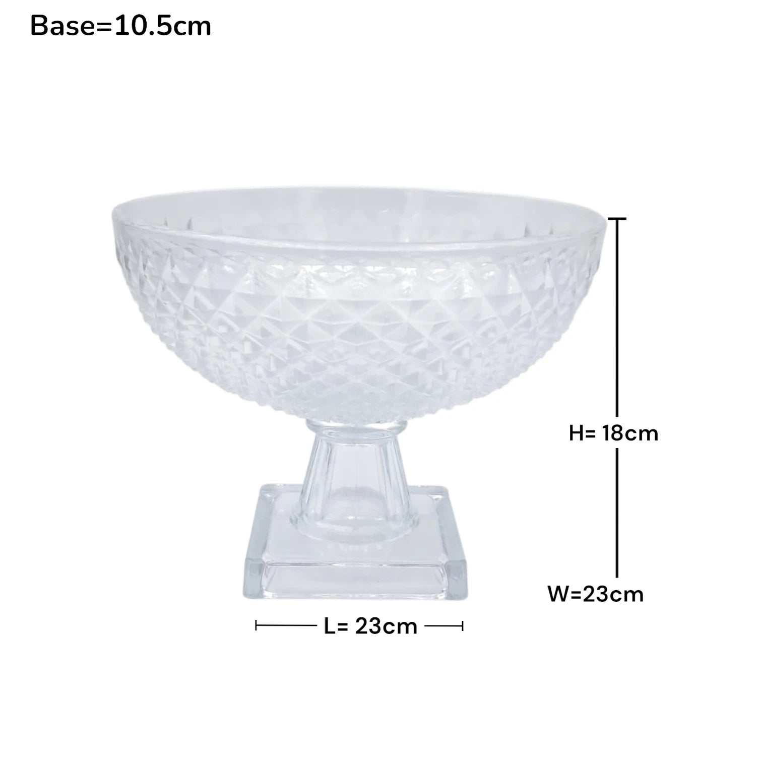 Metropolitan Clear Glass Pedestal Serving Bowl Decorative Fruit & Dessert Display Stand with Textured Diamond Pattern for Dining Table Centerpiece (18H x 23L x 23W CM x Base 10.5CM) - Damoo