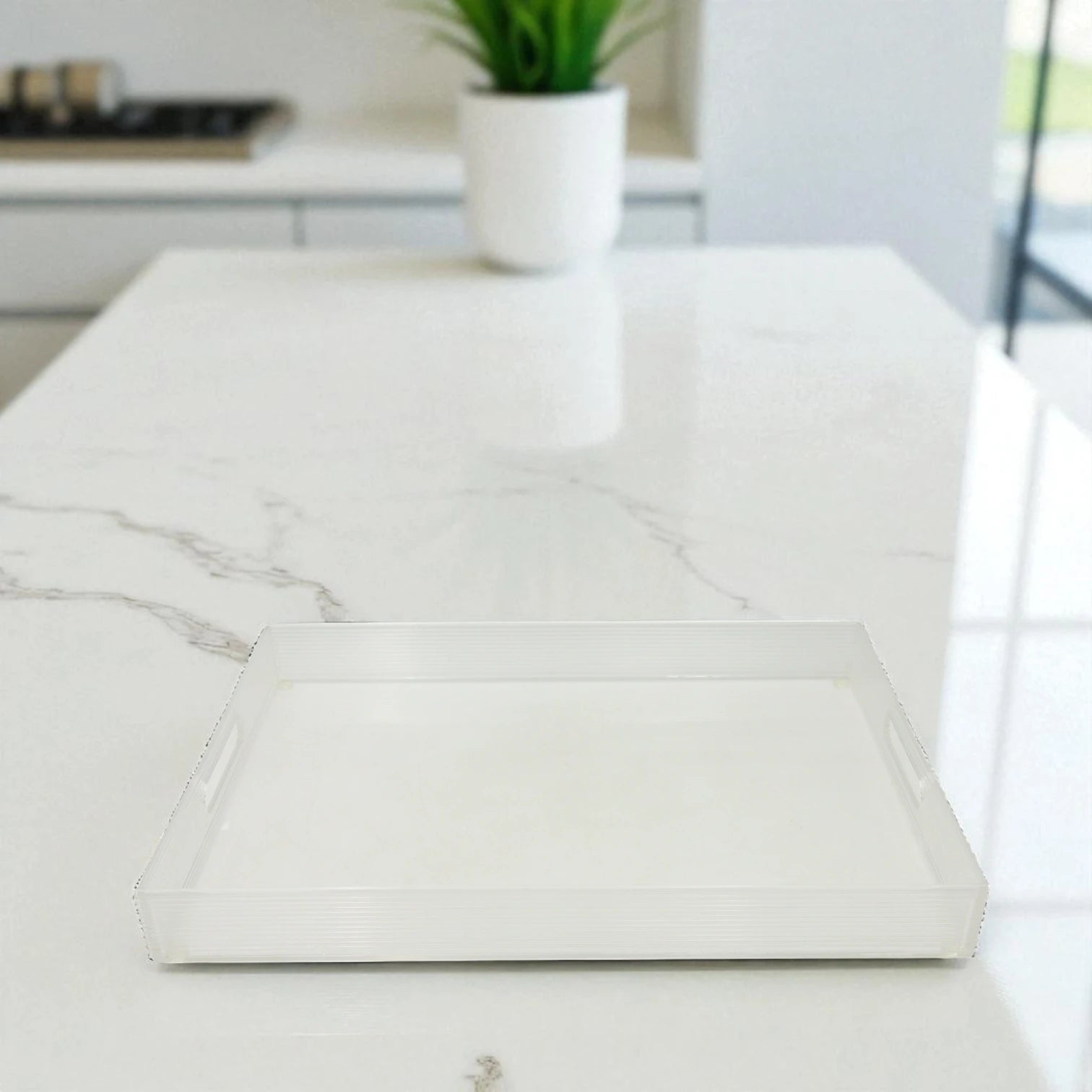 Vague Premium Clear Acrylic Serving Tray – Modern Rectangular Organizer Tray with Elegant Ribbed Edges & Built-In Handles – Perfect for Home, Office, Vanity, or Coffee Table Décor - Damoo
