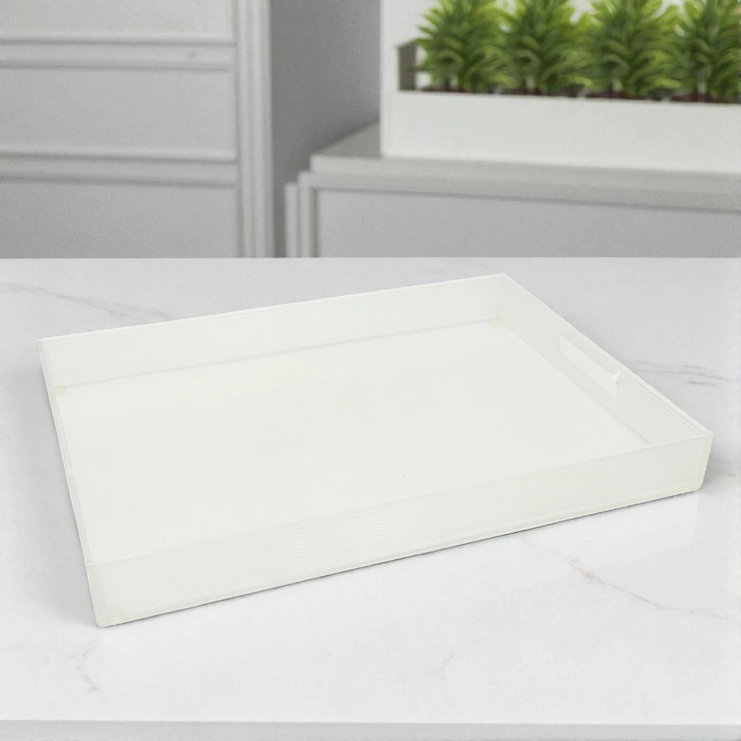 Vague Premium Clear Acrylic Serving Tray – Modern Rectangular Organizer Tray with Elegant Ribbed Edges & Built-In Handles – Perfect for Home, Office, Vanity, or Coffee Table Décor - Damoo