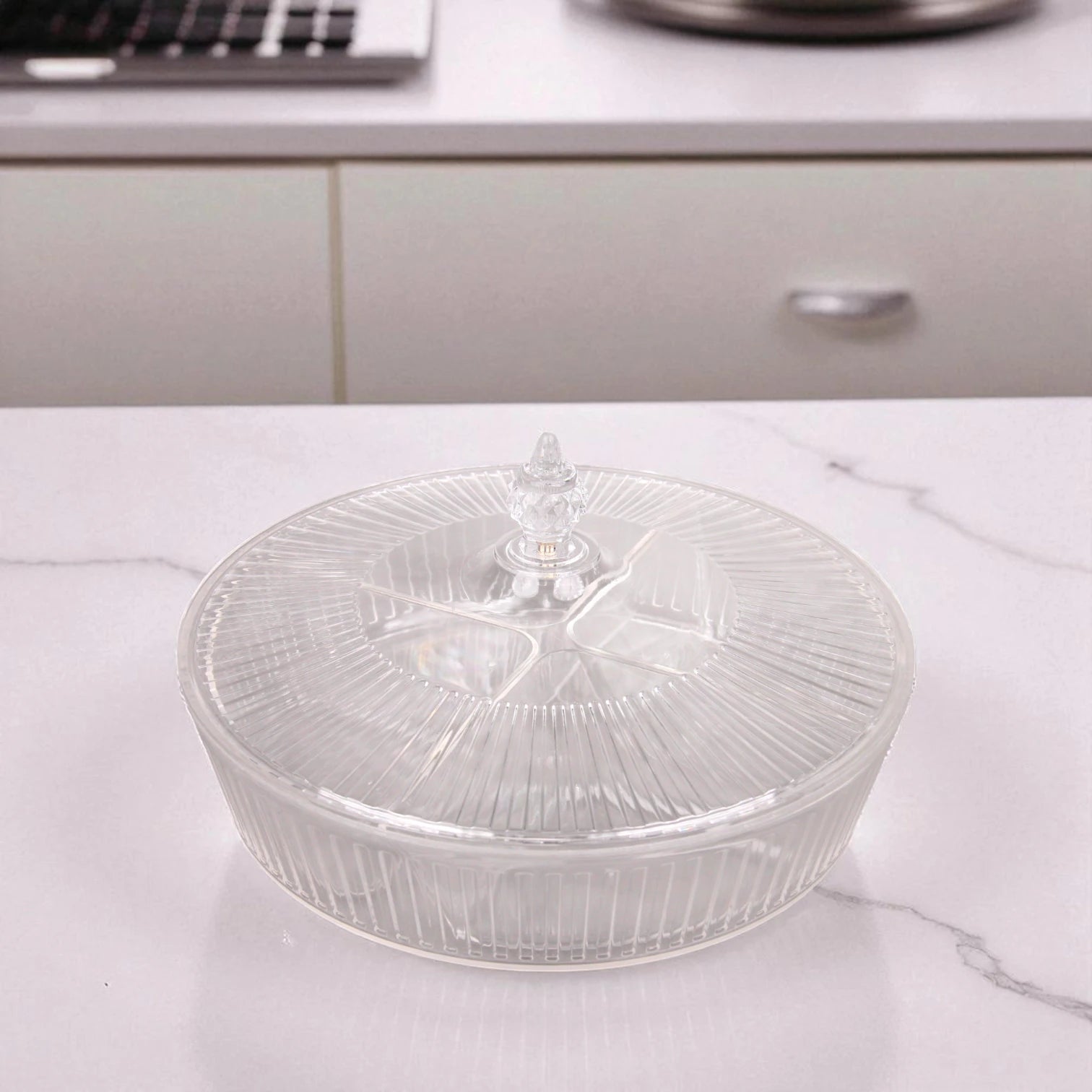 Vague Round Acrylic Sectioned Serving Tray with Lid – 5-Compartment Clear Organizer for Snacks, Sweets, or Dry Fruits – Elegant Display with Handle, Durable & Lightweight - Damoo