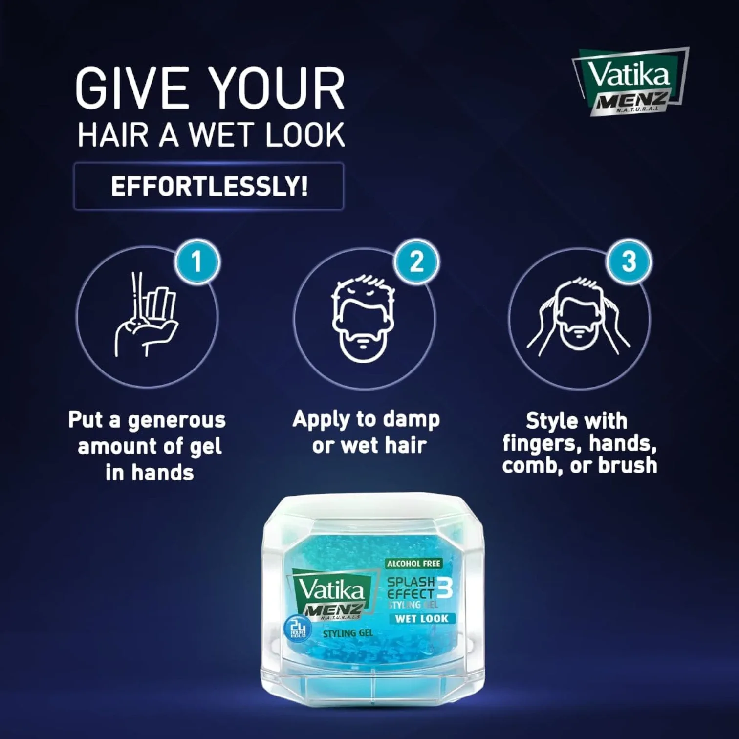 Vatika Naturals Menz Wet Look Hair Gel – Super Value Pack of 2 (200ml Each) – Alcohol-Free Styling Gel with Aloe Vera, Honey & Jarjeer – 24 Hr Hold & Splash Effect Shine for All Hair Types - Damoo