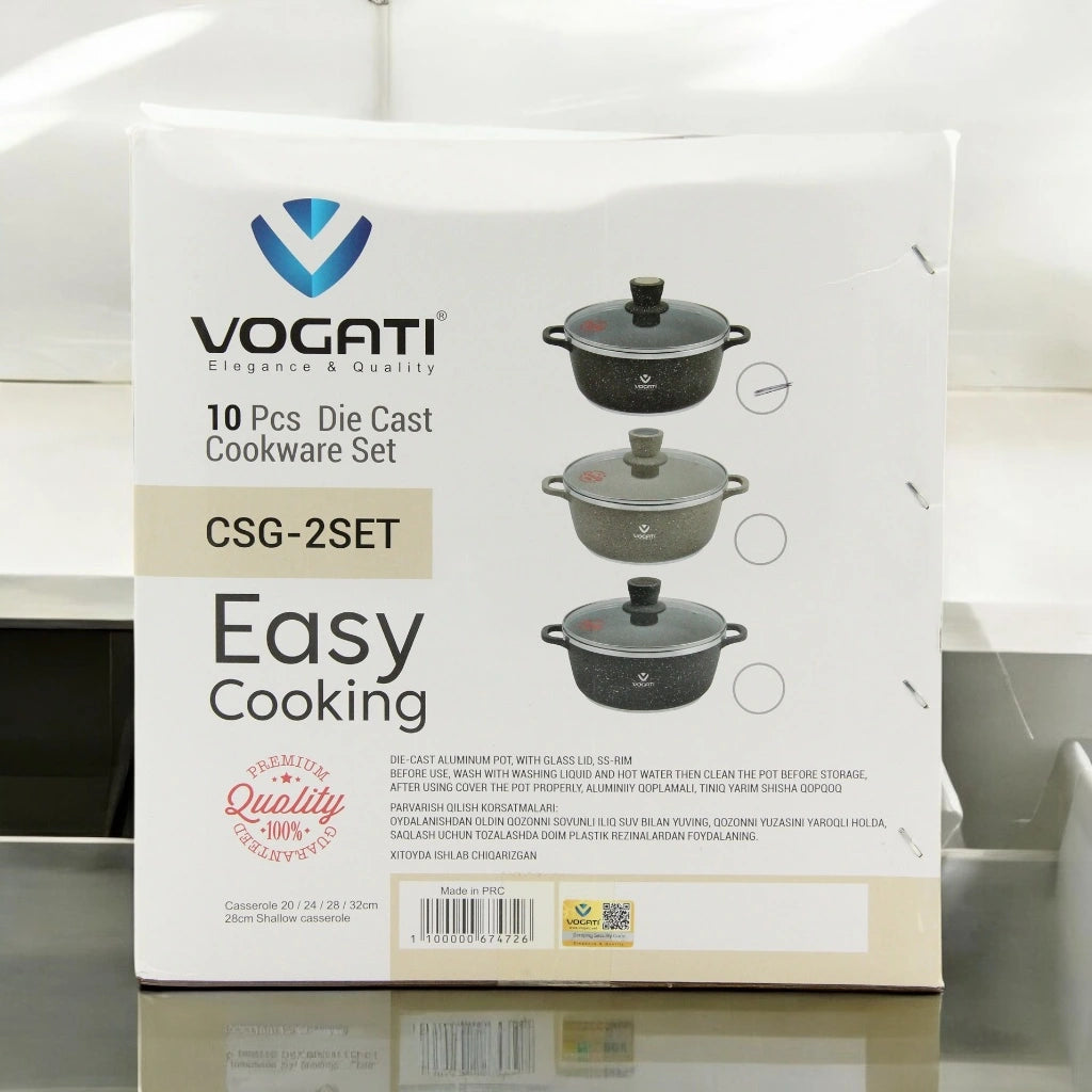 Vogati 10-Piece Premium Die-Cast Aluminum Cookware Set – Easy Cooking Casserole and Shallow Pot with Tempered Glass Lids & Stainless Steel Rims - Damoo