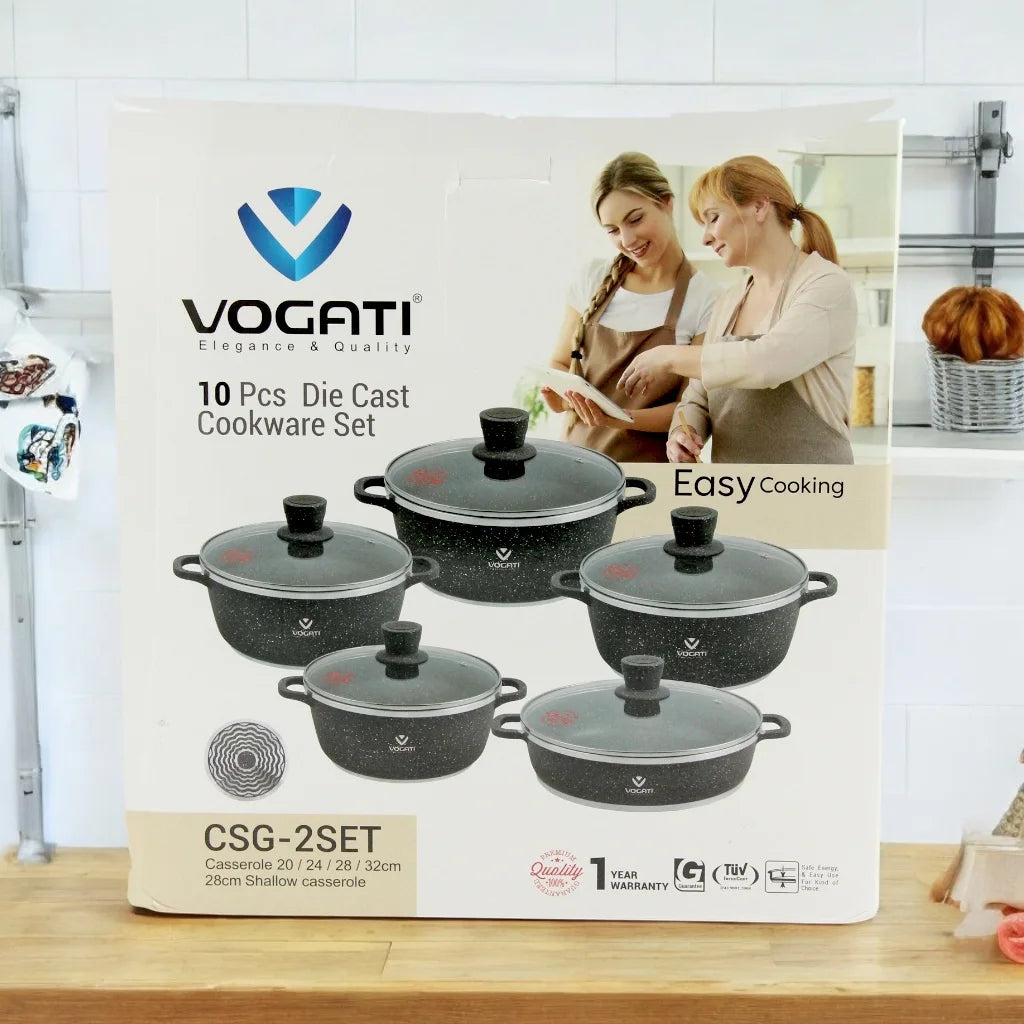 Vogati 10-Piece Premium Die-Cast Aluminum Cookware Set – Easy Cooking Casserole and Shallow Pot with Tempered Glass Lids & Stainless Steel Rims - Damoo