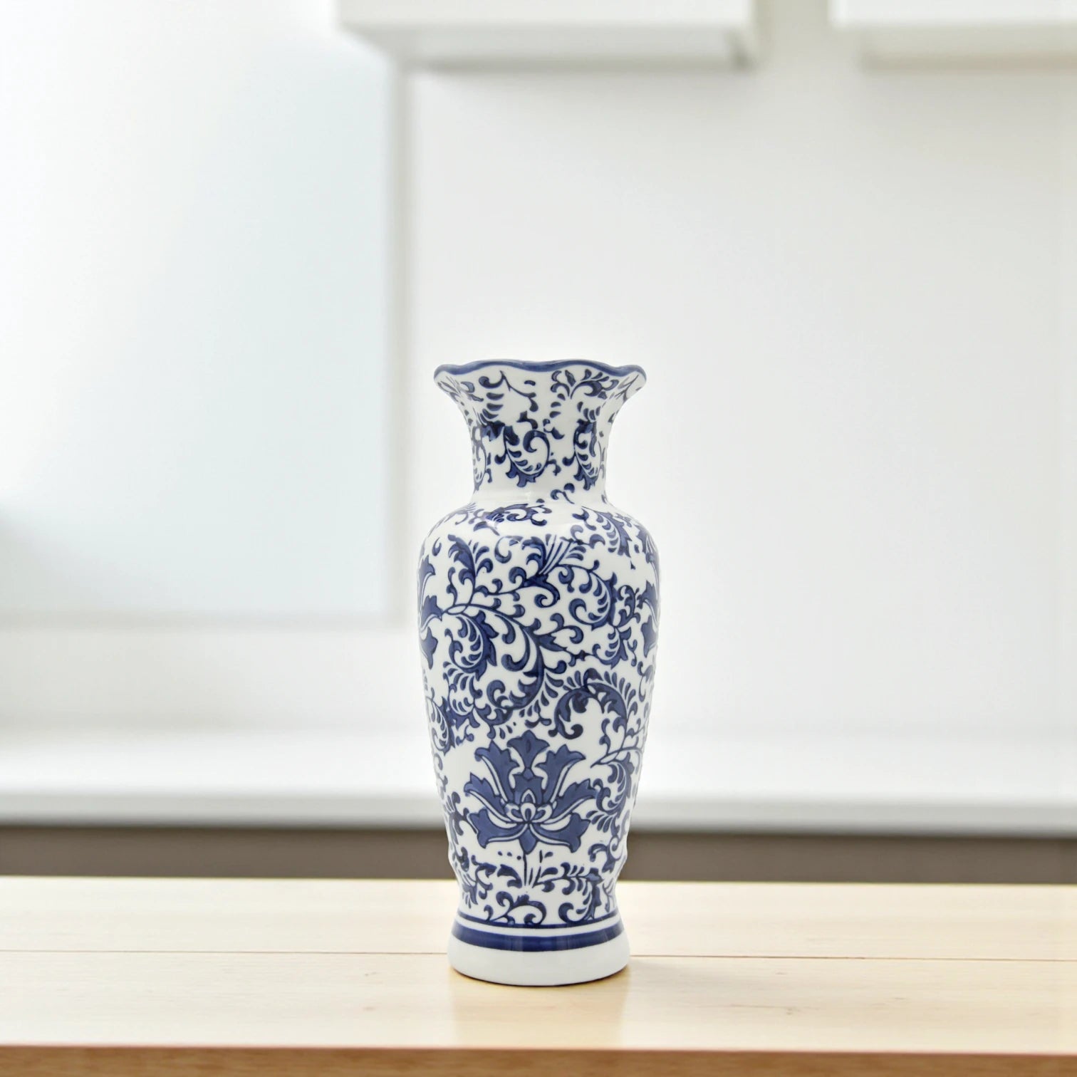 White Ceramic Flower Vase with Blue Floral and Branch Design – Elegant Decorative Vase for Living Room, Entryway, or Table Centerpiece - Damoo