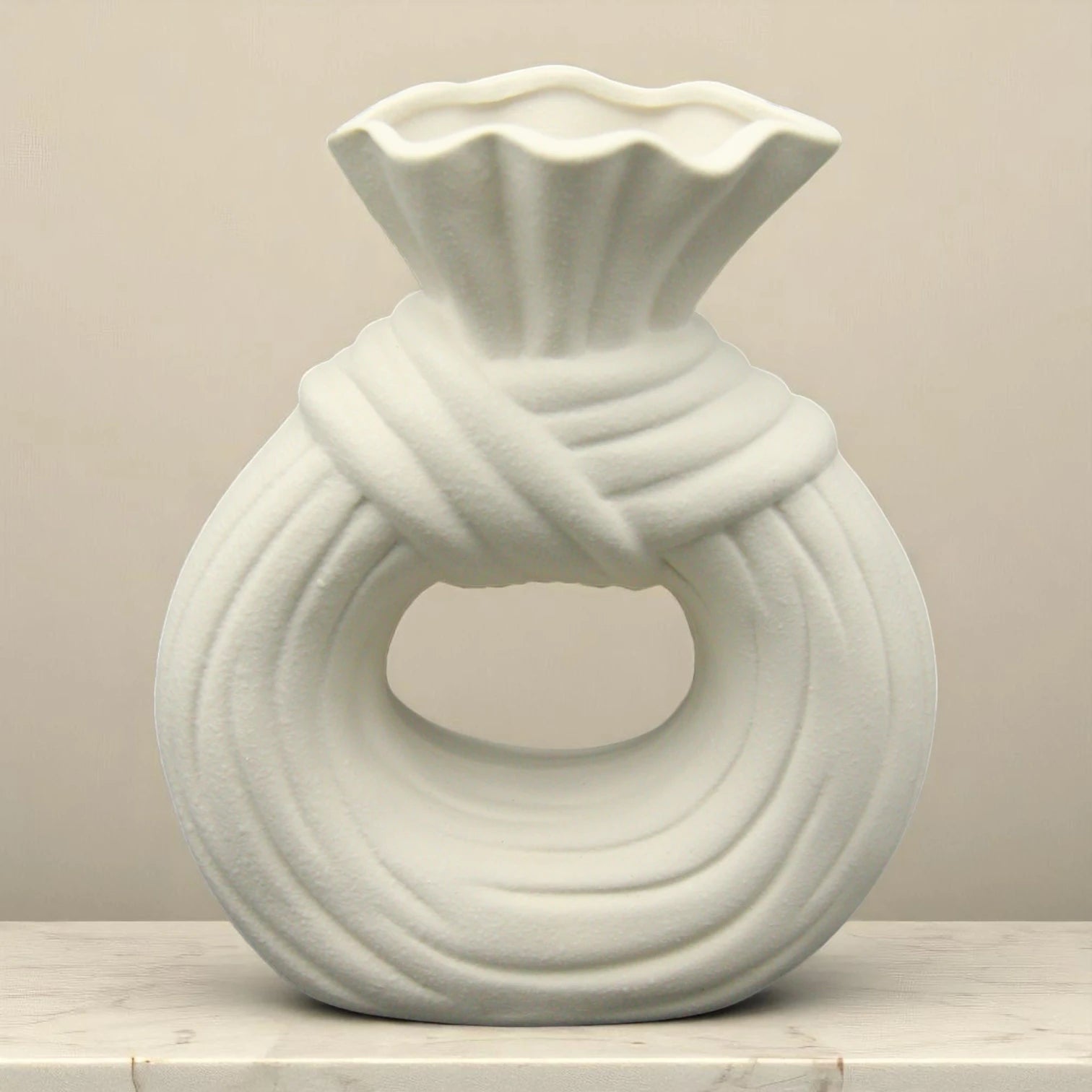 White Ceramic Unique Donut Shaped Vase – Modern Minimalist Vase for Home, Wedding, Office, or Party Decor – Unique Hollow Design Decorative Gift - Damoo