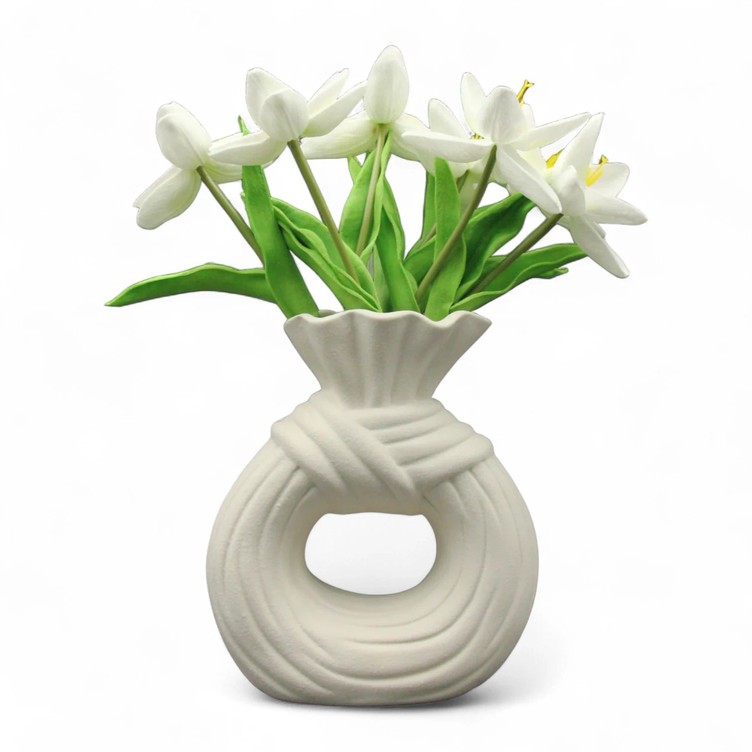 White Ceramic Unique Donut Shaped Vase – Modern Minimalist Vase for Home, Wedding, Office, or Party Decor – Unique Hollow Design Decorative Gift - Damoo