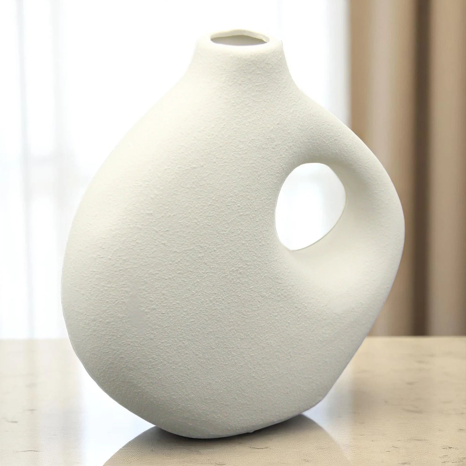 White Ceramic Vase with Handle – Modern Rustic Decorative Pottery Vase with Matte Textured Finish for Home Decor & Centerpieces - Damoo