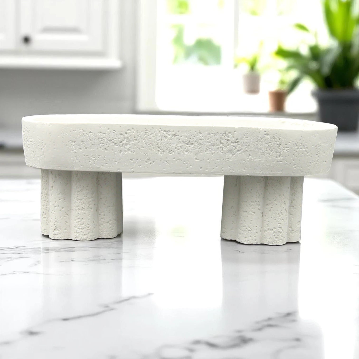White Stone Oval Tray with Decorative Legs – Elevated Multipurpose Storage & Display Tray for Bathroom, Vanity, Kitchen & Countertops - Ideal for Soap, Candles, Towels, Fruits & More - Damoo