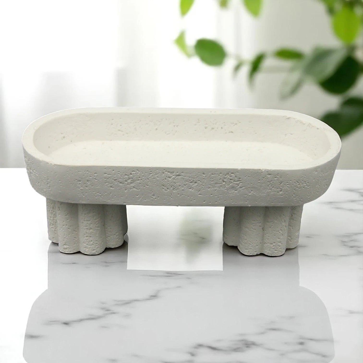 White Stone Oval Tray with Decorative Legs – Elevated Multipurpose Storage & Display Tray for Bathroom, Vanity, Kitchen & Countertops - Ideal for Soap, Candles, Towels, Fruits & More - Damoo