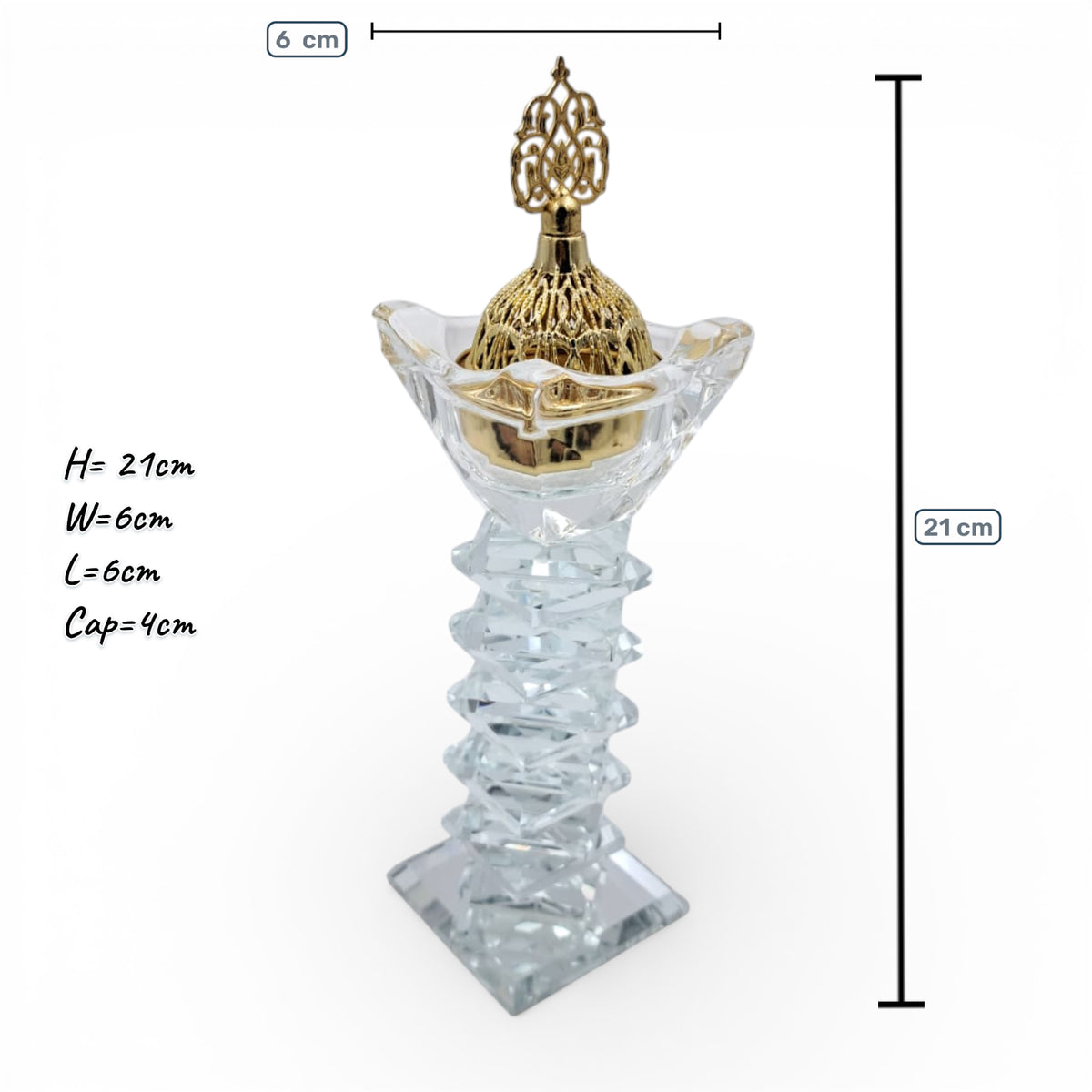 Luxury Crystal Mibkhara Incense Burner – Black or White Glass with Gold Lid, Decorative Bakhoor Burner for Home & Majlis (21H x 6L × 6W CM) - Damoo