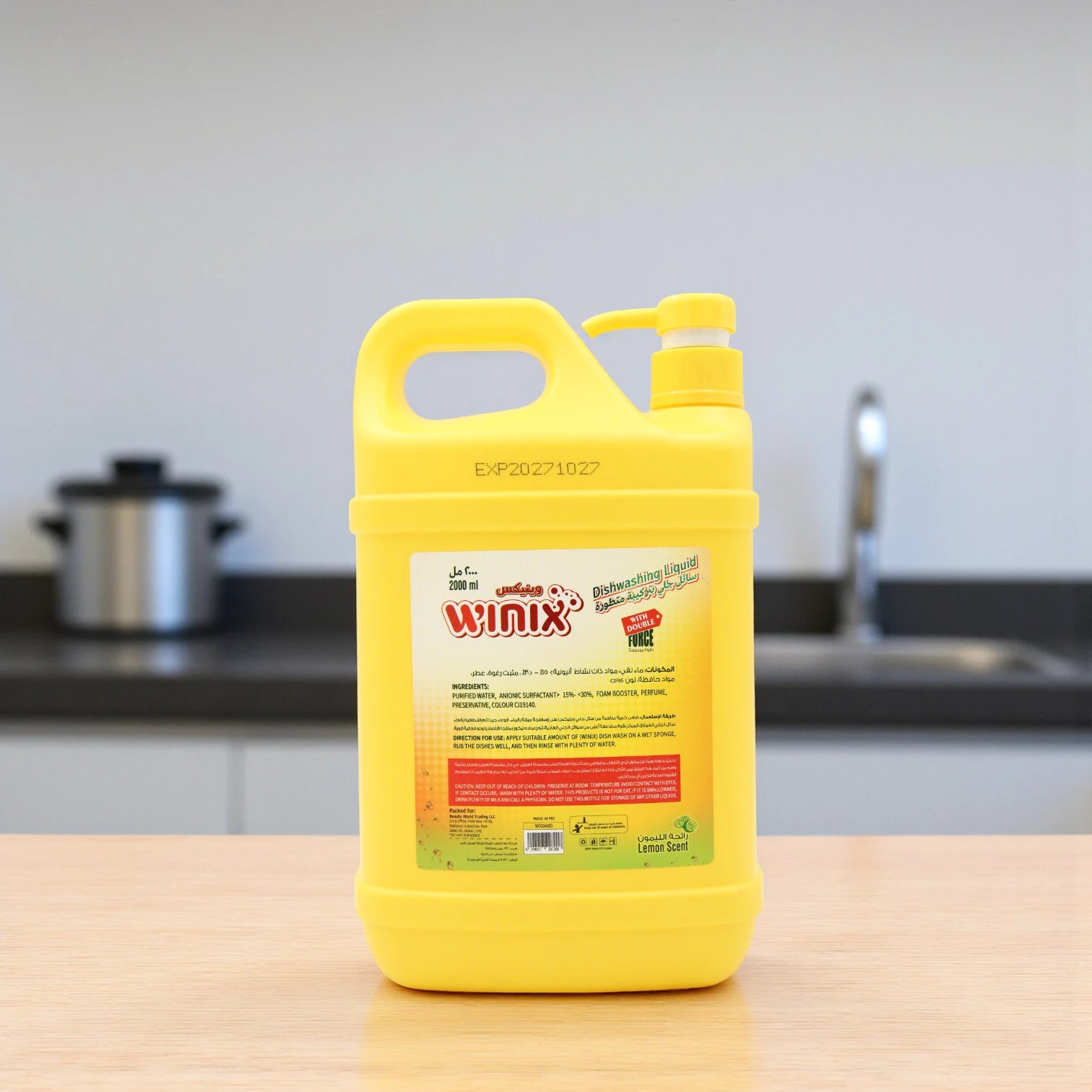 Winix Dishwashing Liquid – Lemon Scent – 2 Liter Jumbo Bottle with Pump – Tough on Grease, Gentle on Hands – With Double Force Cleaning Power - Damoo